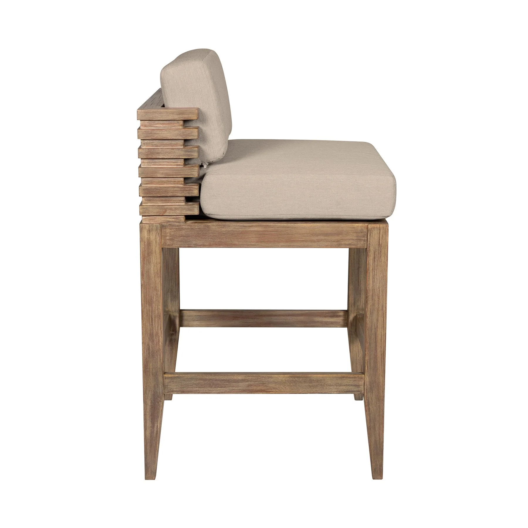 Vivid Outdoor Patio Counter Stool in Light Eucalyptus Wood with Taupe Olefin Cushions - Image 3