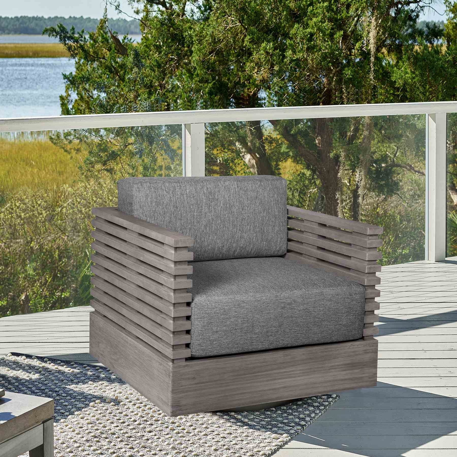 Vivid Swivel Outdoor Patio Chair in Gray Eucalyptus Wood with Gray Olefin Cushions - Image 10
