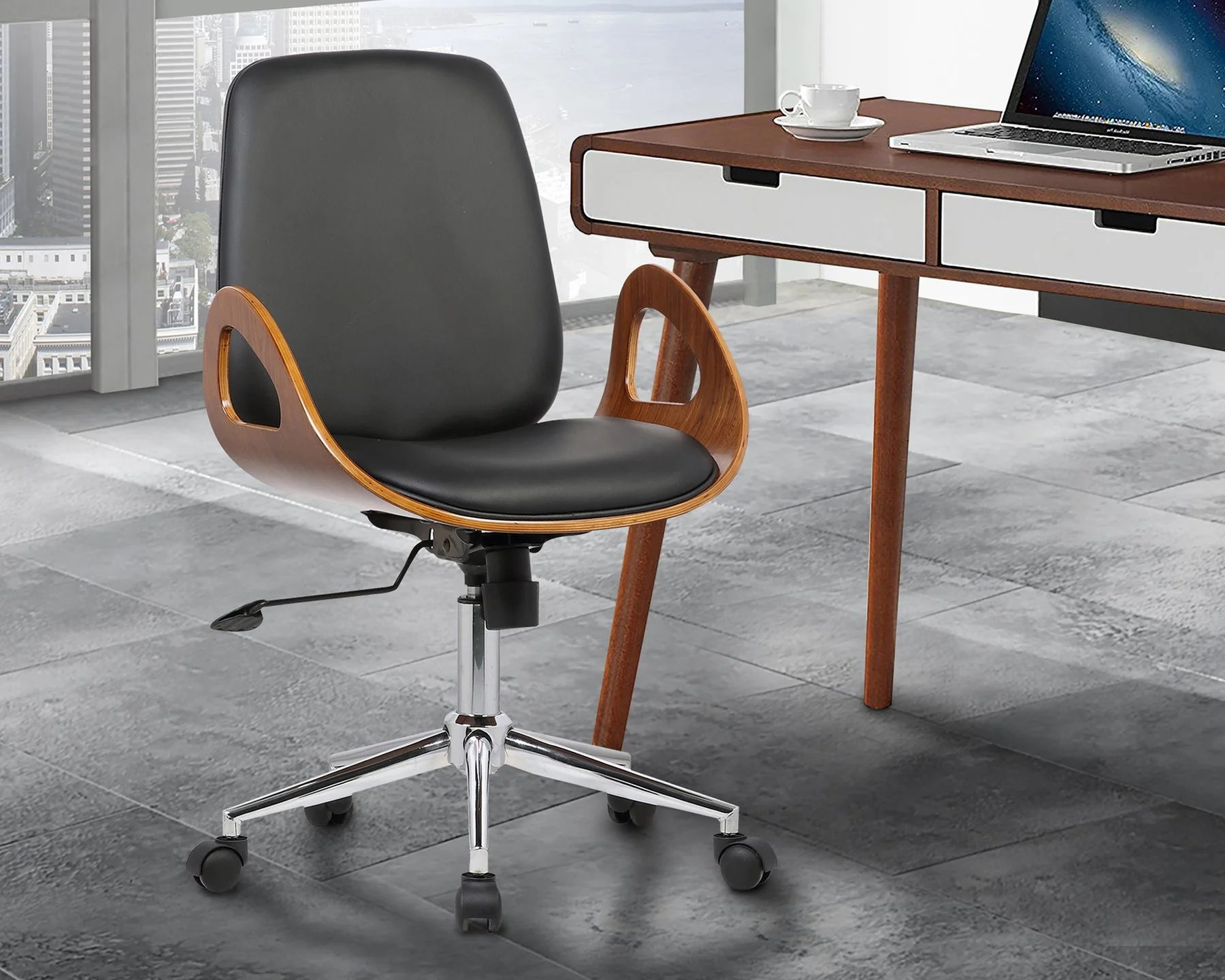 Wallace Mid-Century Office Chair in Chrome finish with Black Faux Leather and Walnut Veneer Back - Image 8