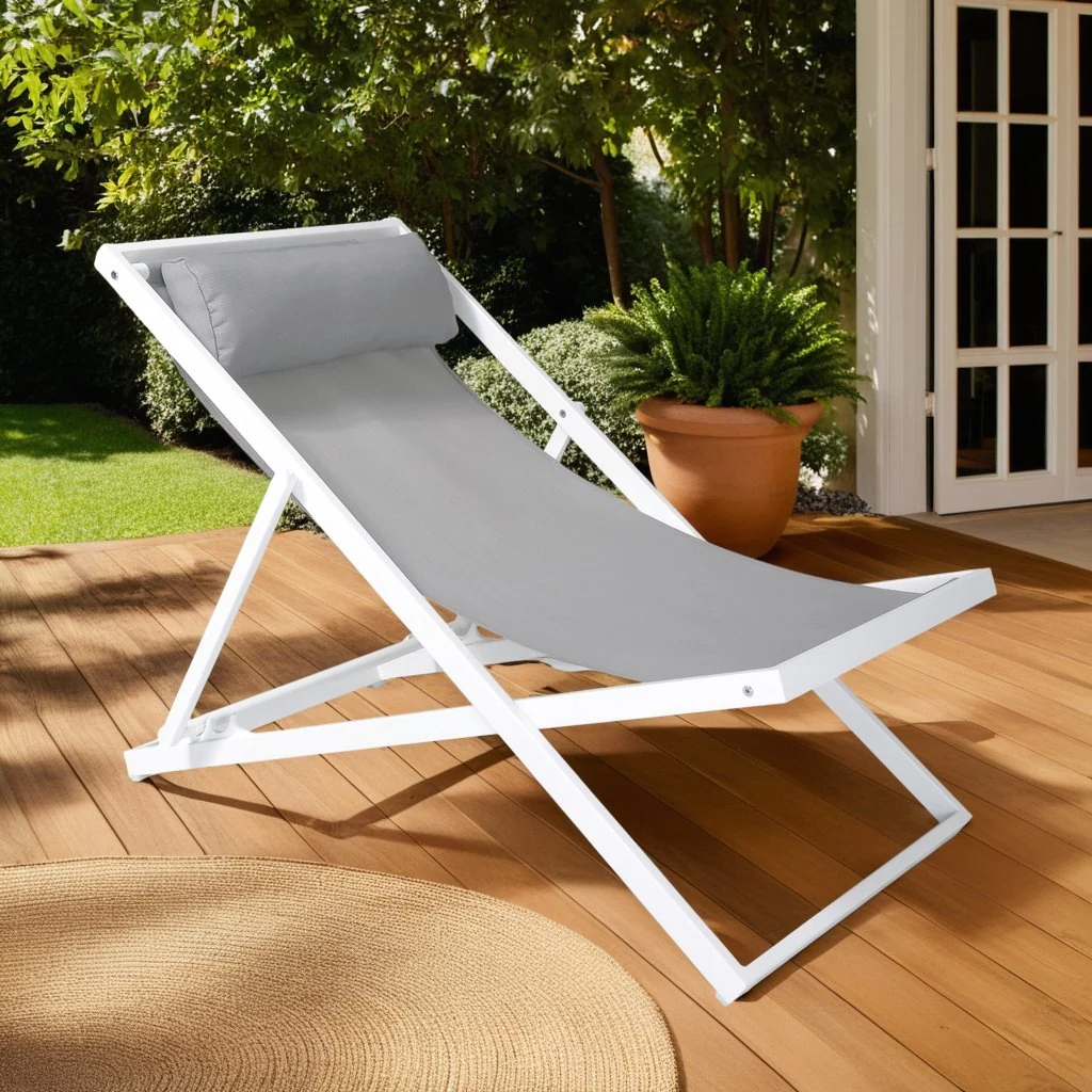 Wave Outdoor Patio Aluminum Deck Chair in White Powder Coated Finish with Gray Sling Textilene - Image 7