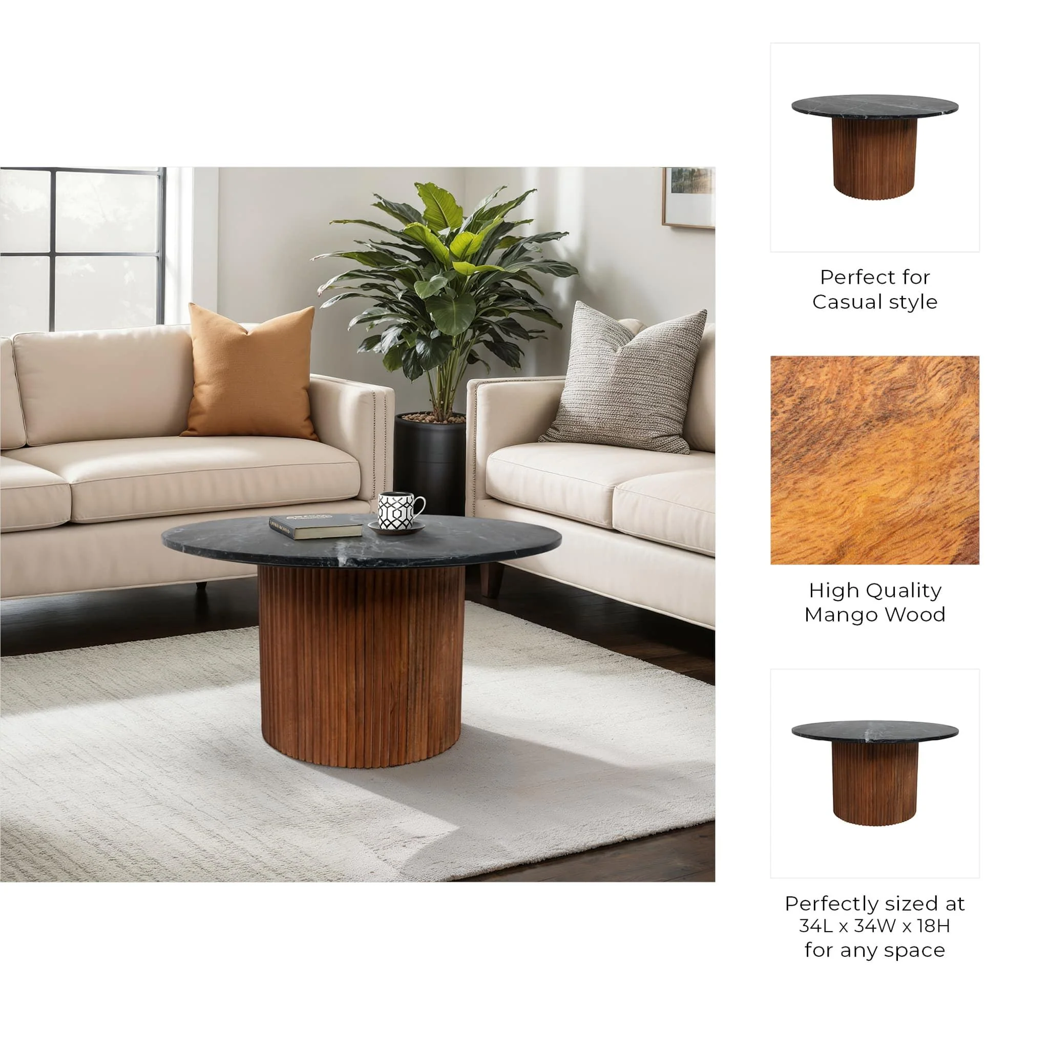 Wd/mrbl,34"d Reeded Coffee Table,brwn/blk/kd2boxes - Image 10