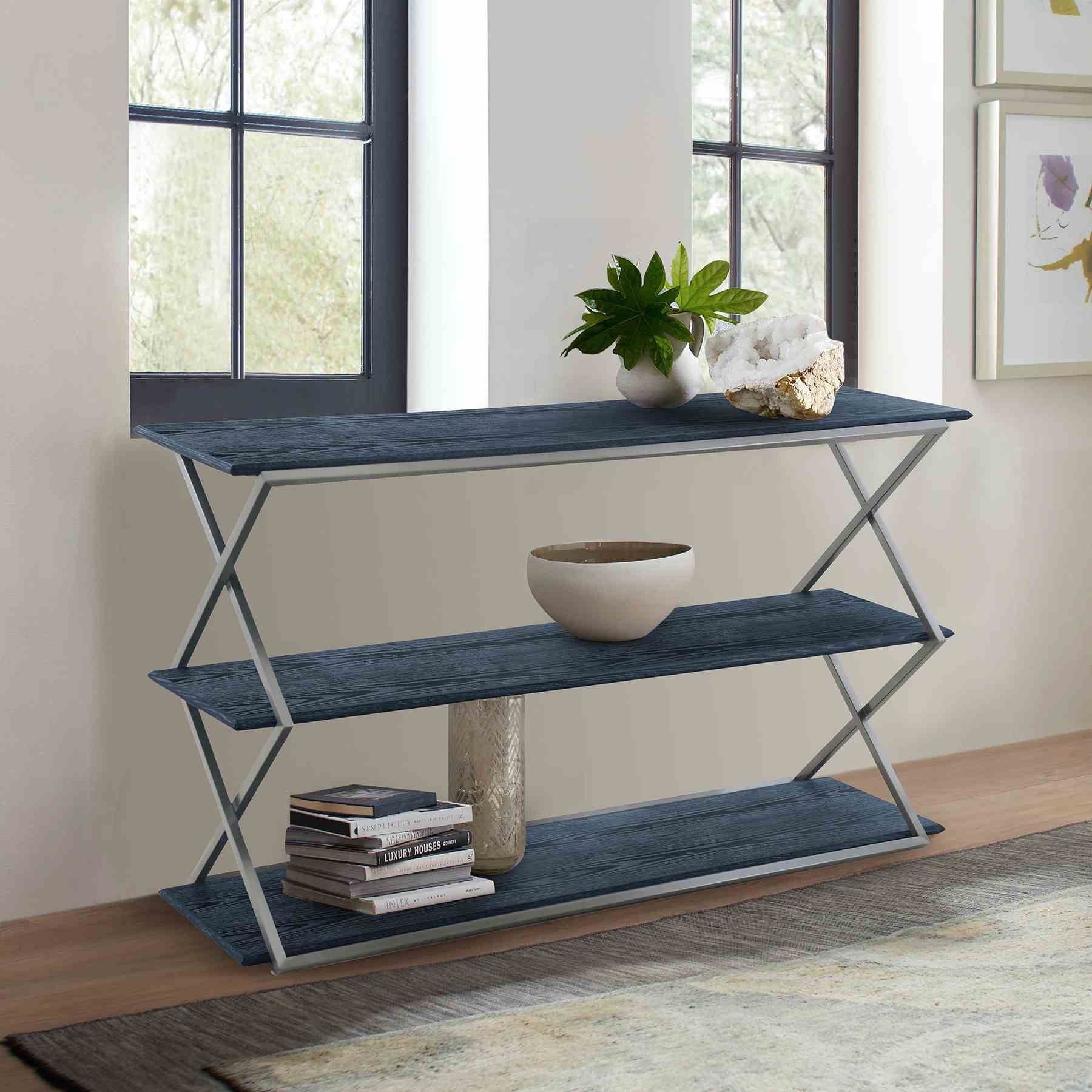 Westlake 3-Tier Black Console Table with Brushed Stainless Steel Frame - Image 6