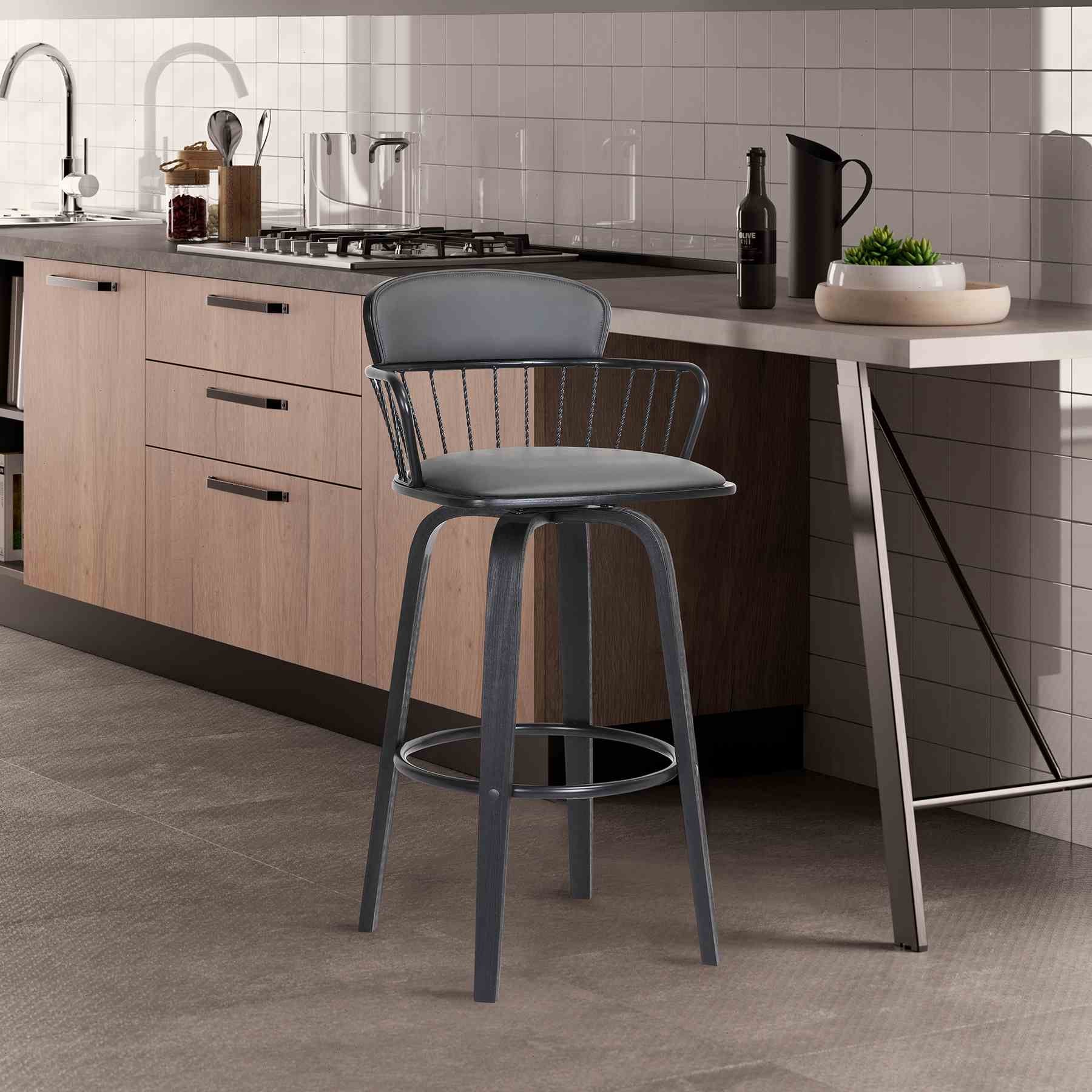 Willow 25.5" Swivel Black Wood Counter Stool in Gray Faux Leather with Black Metal - Image 10