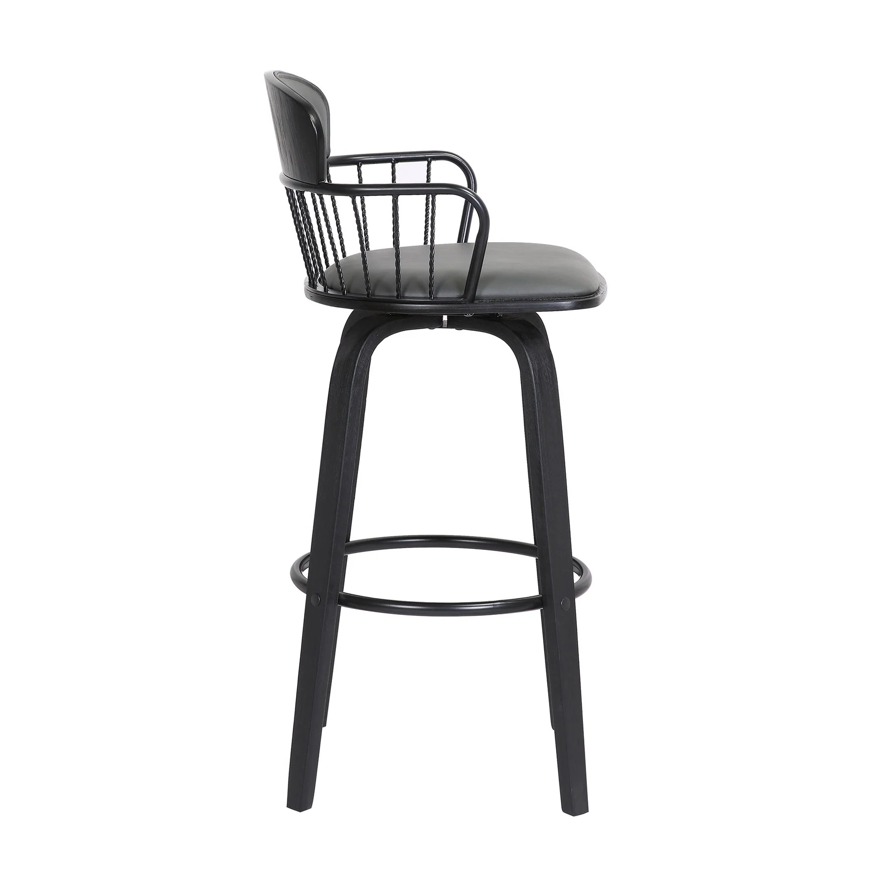 Willow 25.5" Swivel Black Wood Counter Stool in Gray Faux Leather with Black Metal - Image 3