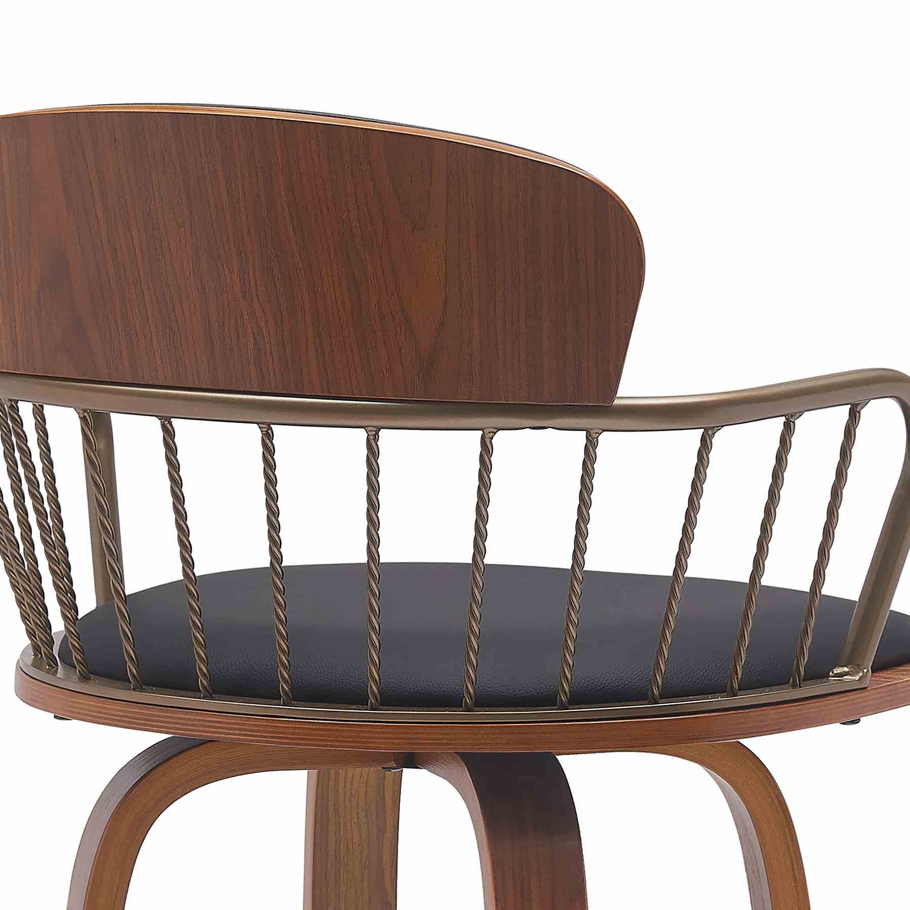 Willow 25.5" Swivel Walnut Wood Counter Stool in Black Faux Leather with Golden Bronze Metal - Image 6