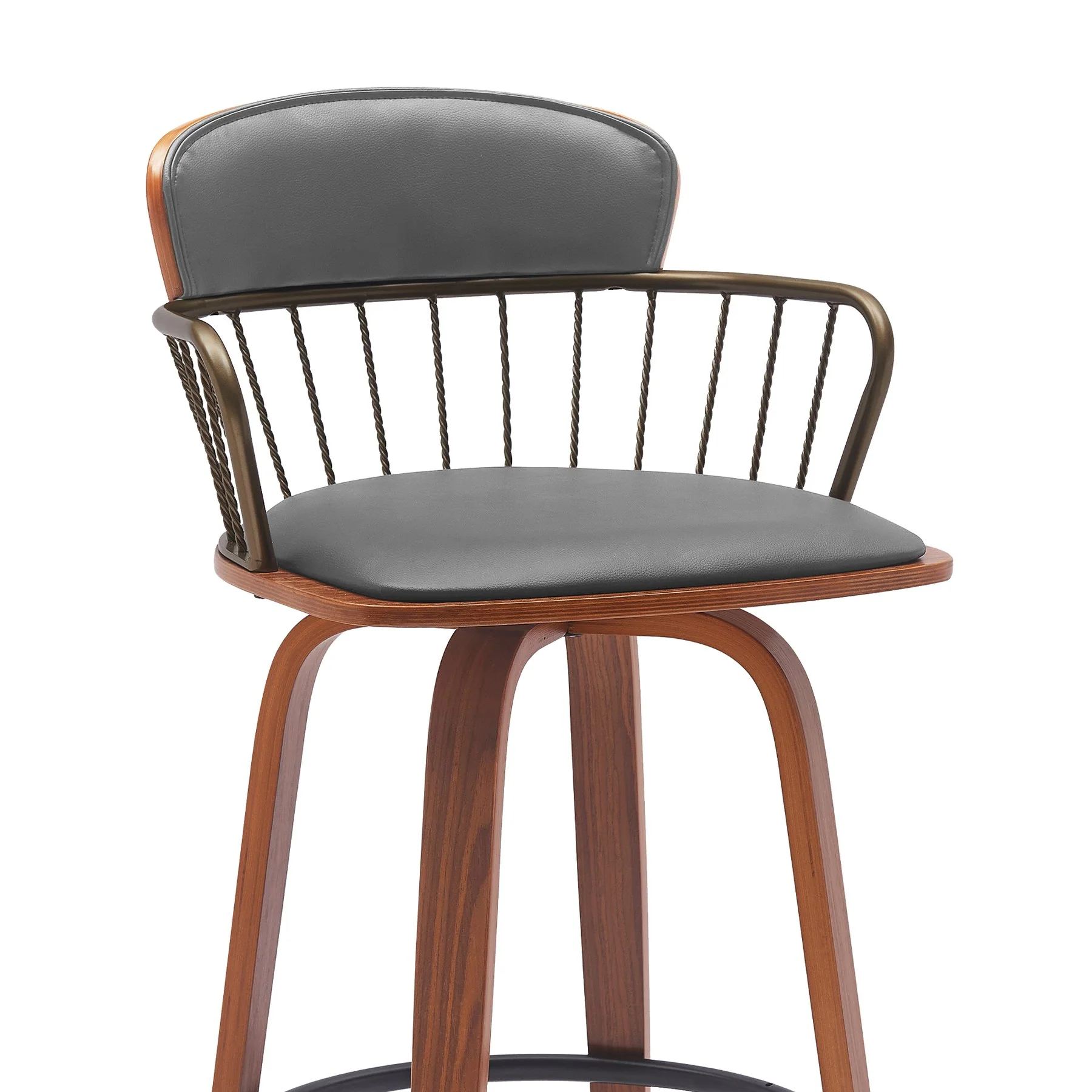 Willow 25.5" Swivel Walnut Wood Counter Stool in Gray Faux Leather with Golden Bronze Metal - Image 4
