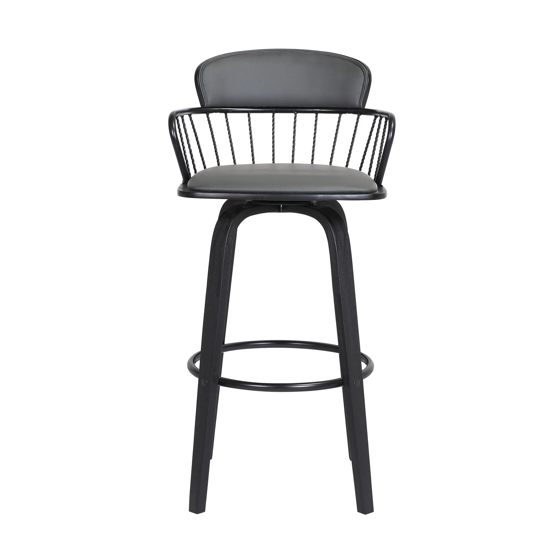 Willow 30" Swivel Black Wood Bar Stool in Gray Faux Leather with Black Metal - Image 2