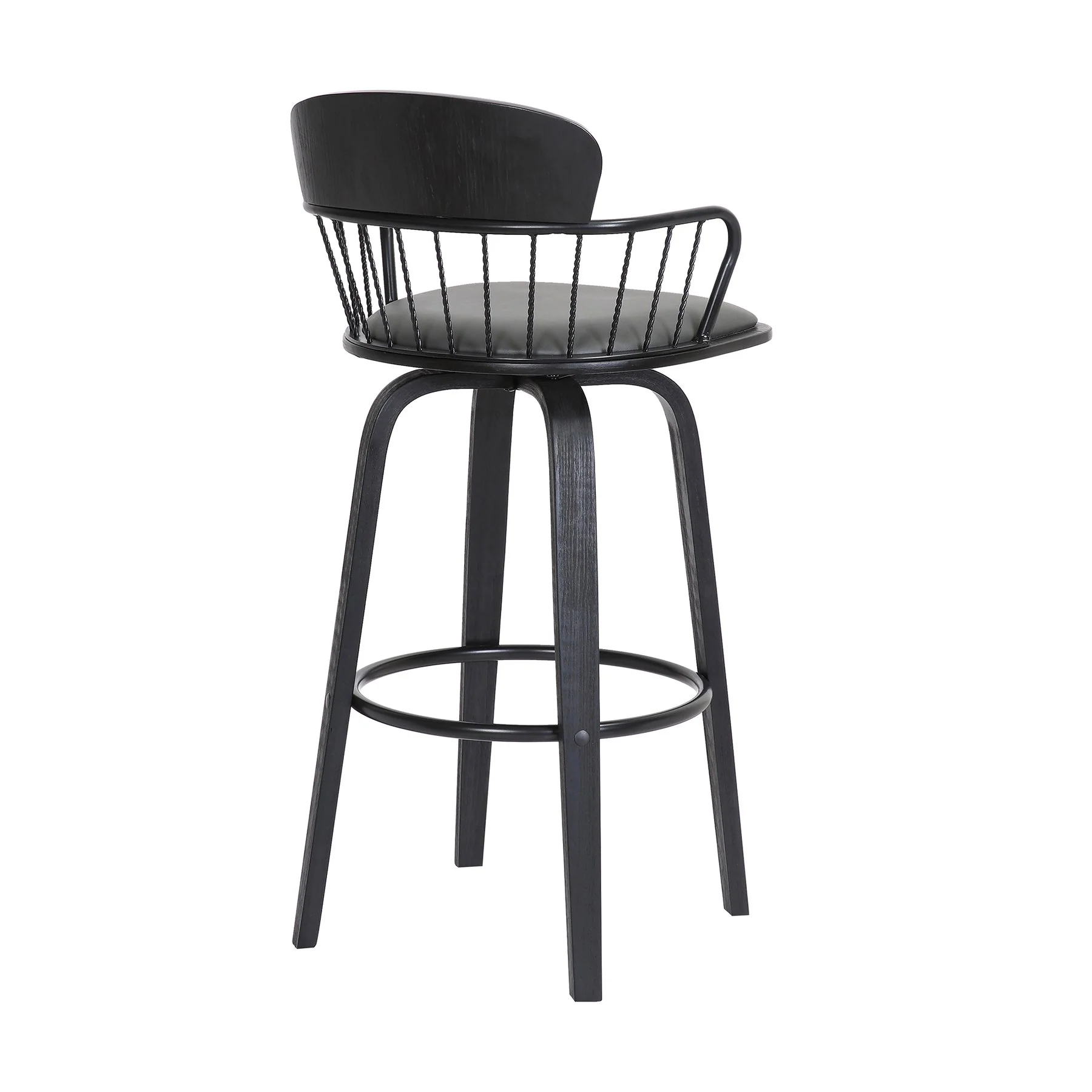 Willow 30" Swivel Black Wood Bar Stool in Gray Faux Leather with Black Metal - Image 4