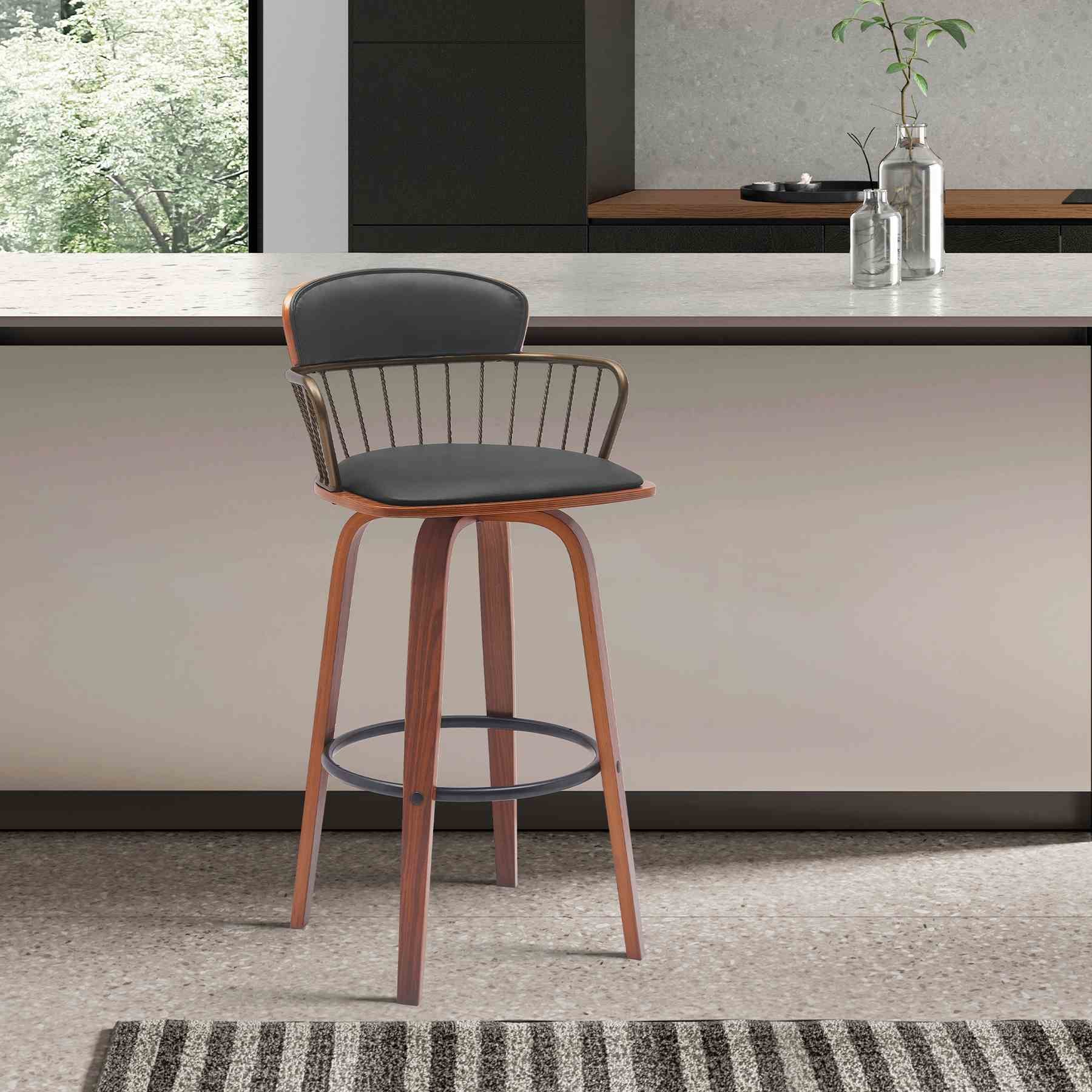 Willow 30" Swivel Walnut Wood Bar Stool in Black Faux Leather with Golden Bronze Metal - Image 10