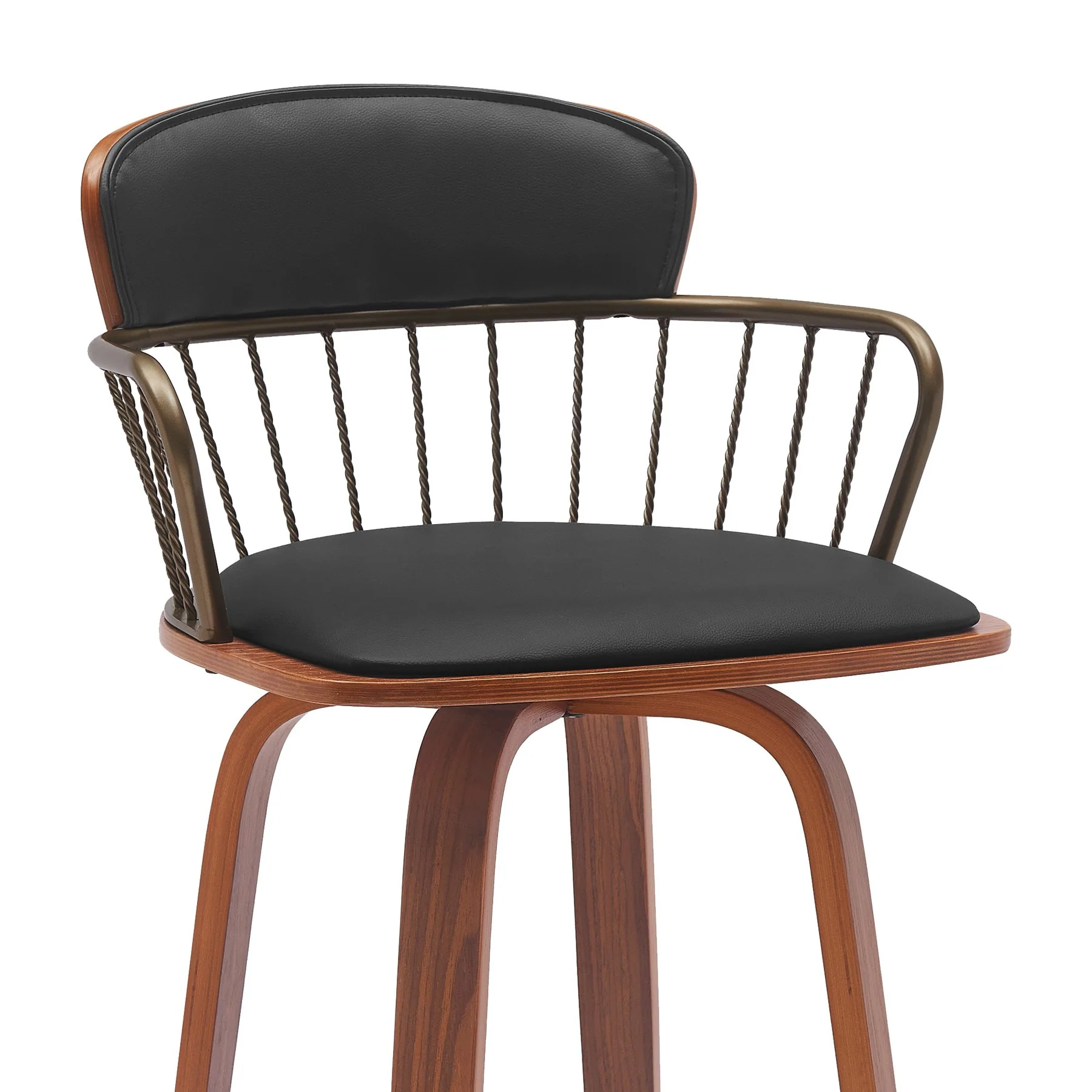 Willow 30" Swivel Walnut Wood Bar Stool in Black Faux Leather with Golden Bronze Metal - Image 4