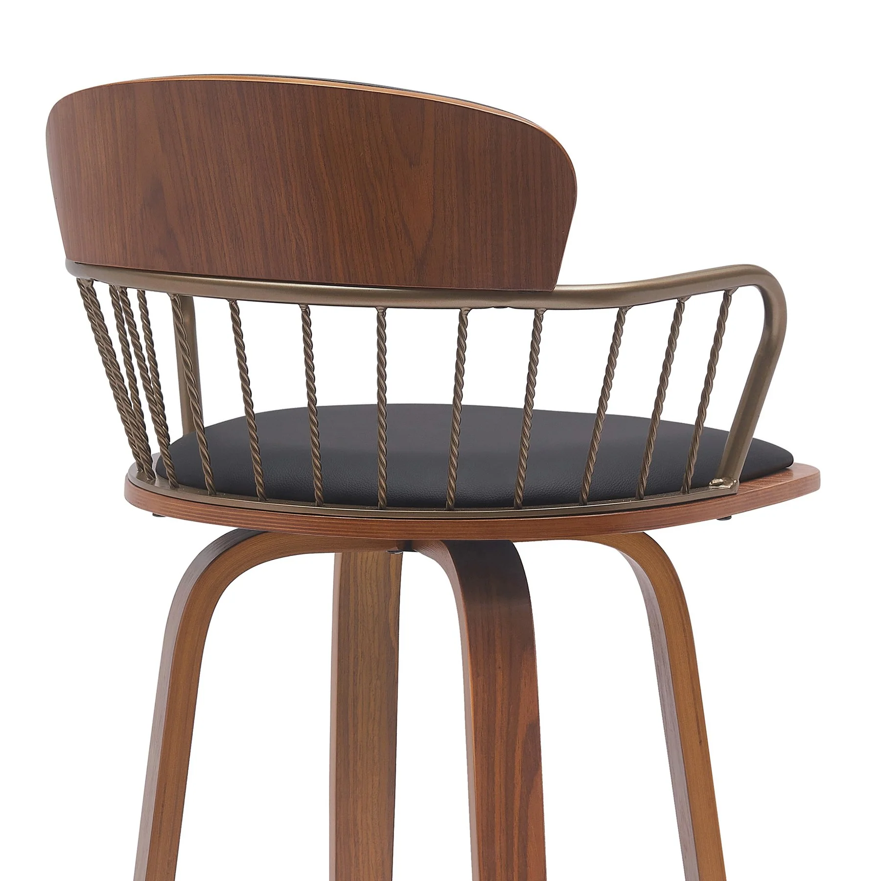 Willow 30" Swivel Walnut Wood Bar Stool in Black Faux Leather with Golden Bronze Metal - Image 5