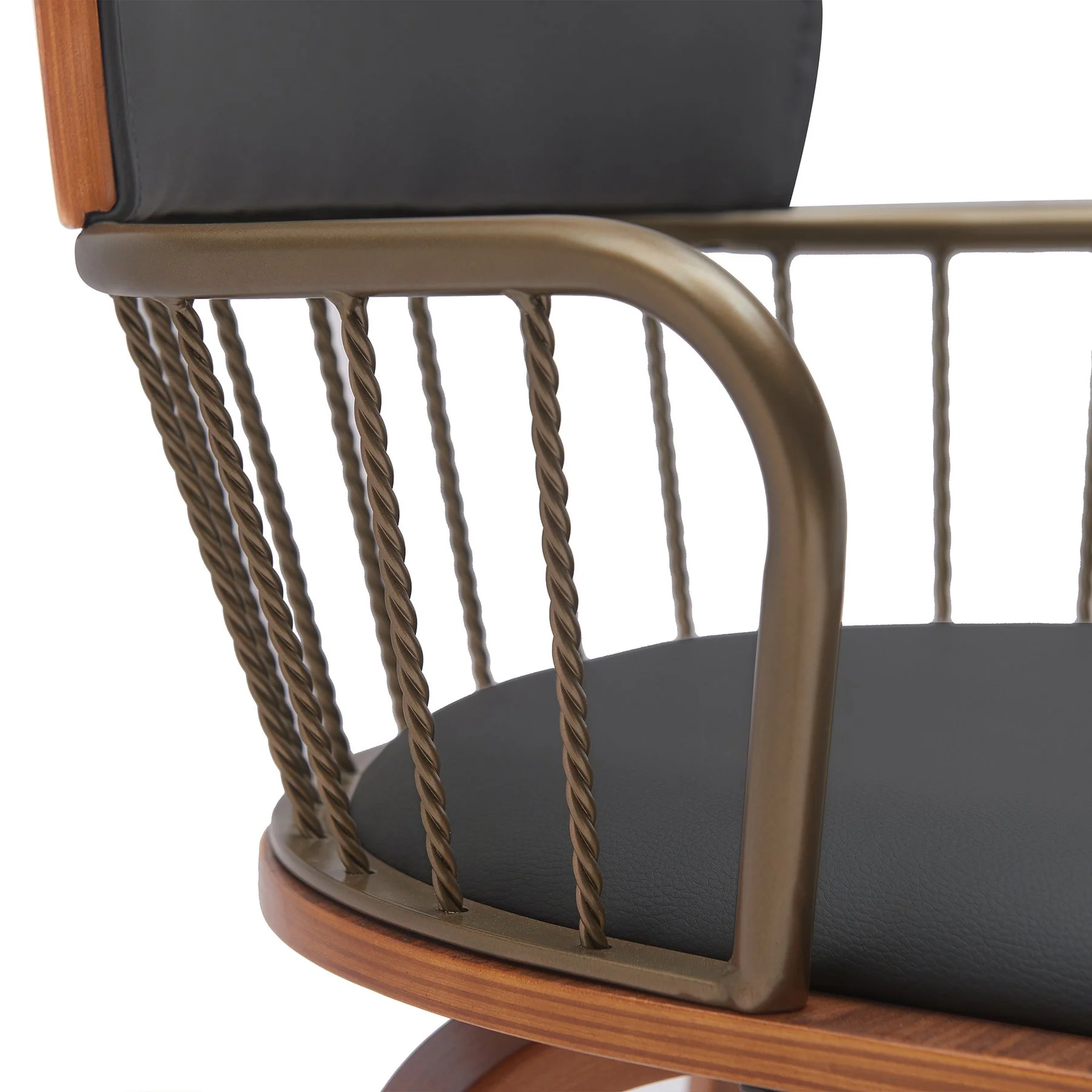 Willow 30" Swivel Walnut Wood Bar Stool in Black Faux Leather with Golden Bronze Metal - Image 7