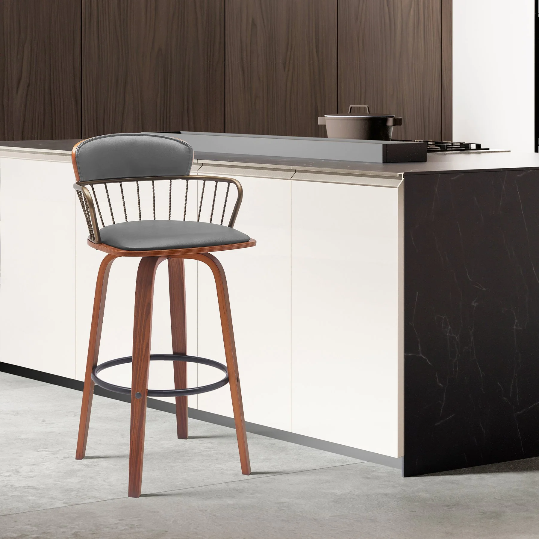 Willow 30" Swivel Walnut Wood Bar Stool in Gray Faux Leather with Golden Bronze Metal - Image 10