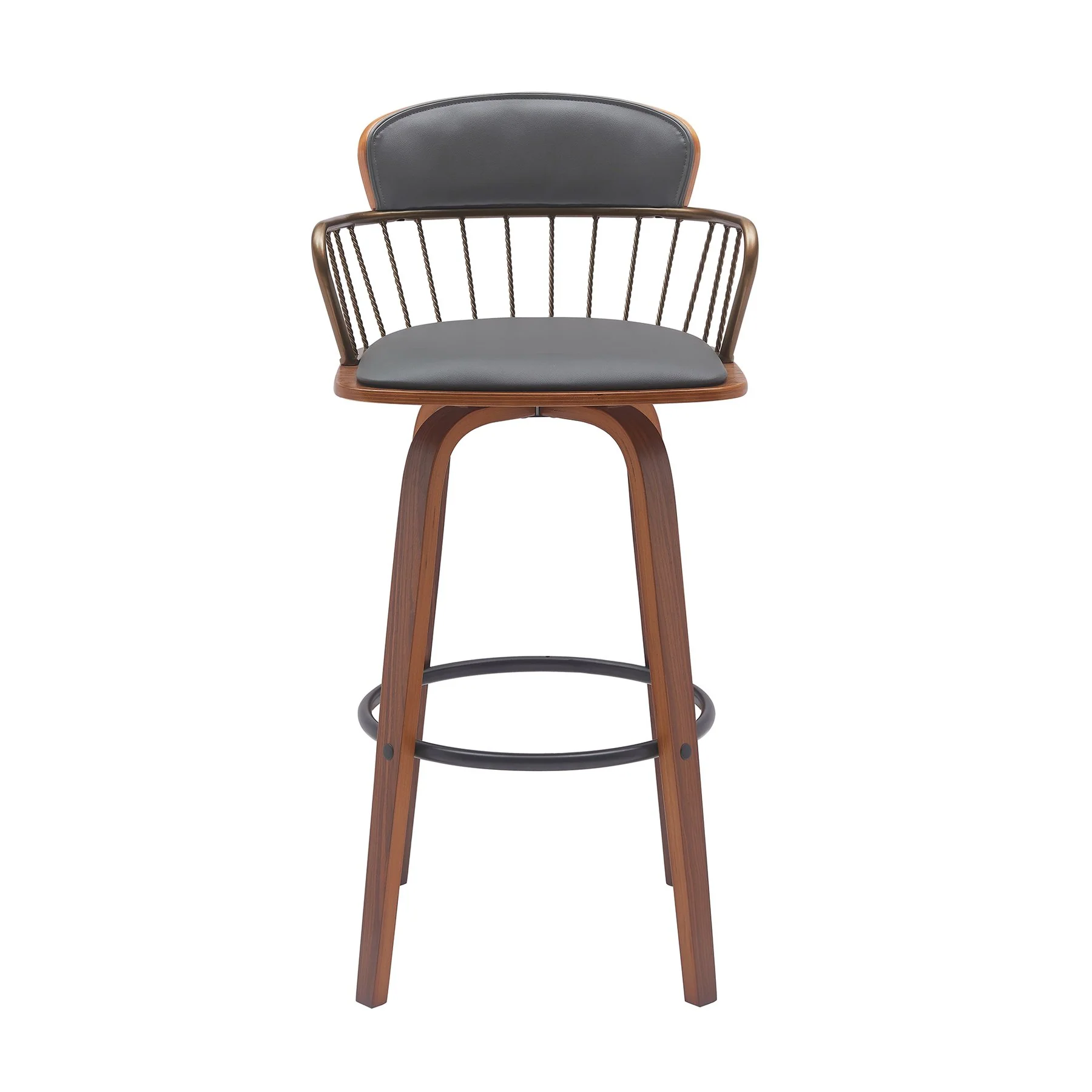 Willow 30" Swivel Walnut Wood Bar Stool in Gray Faux Leather with Golden Bronze Metal - Image 2
