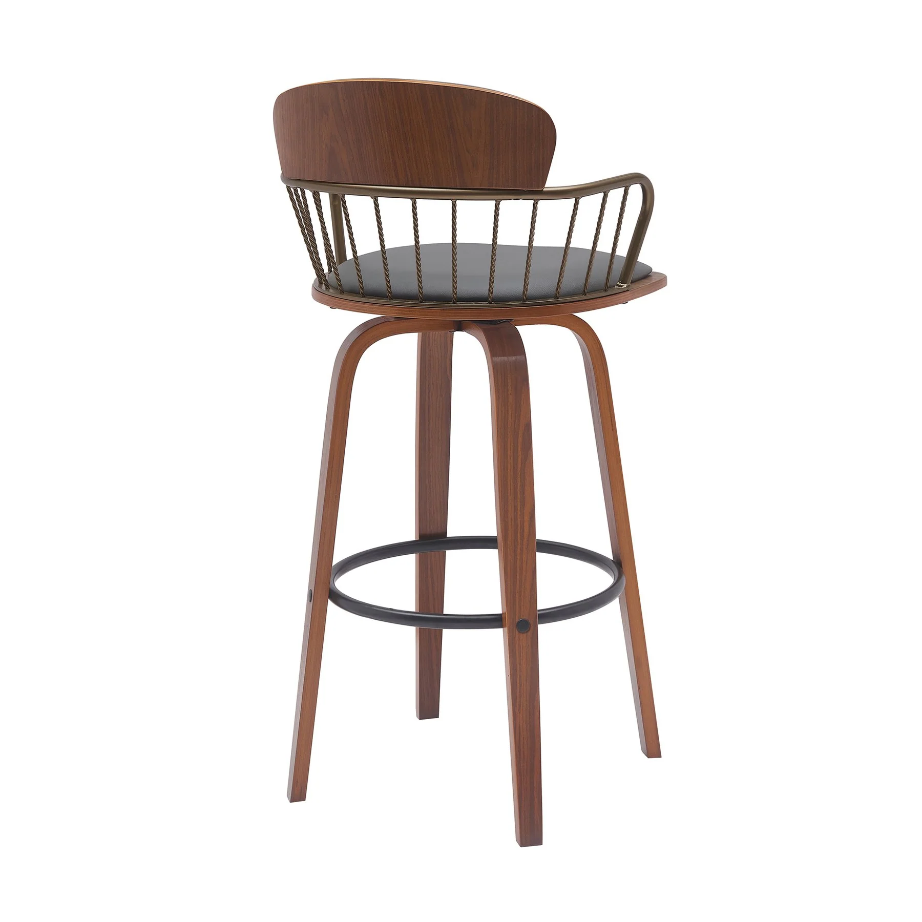 Willow 30" Swivel Walnut Wood Bar Stool in Gray Faux Leather with Golden Bronze Metal - Image 3