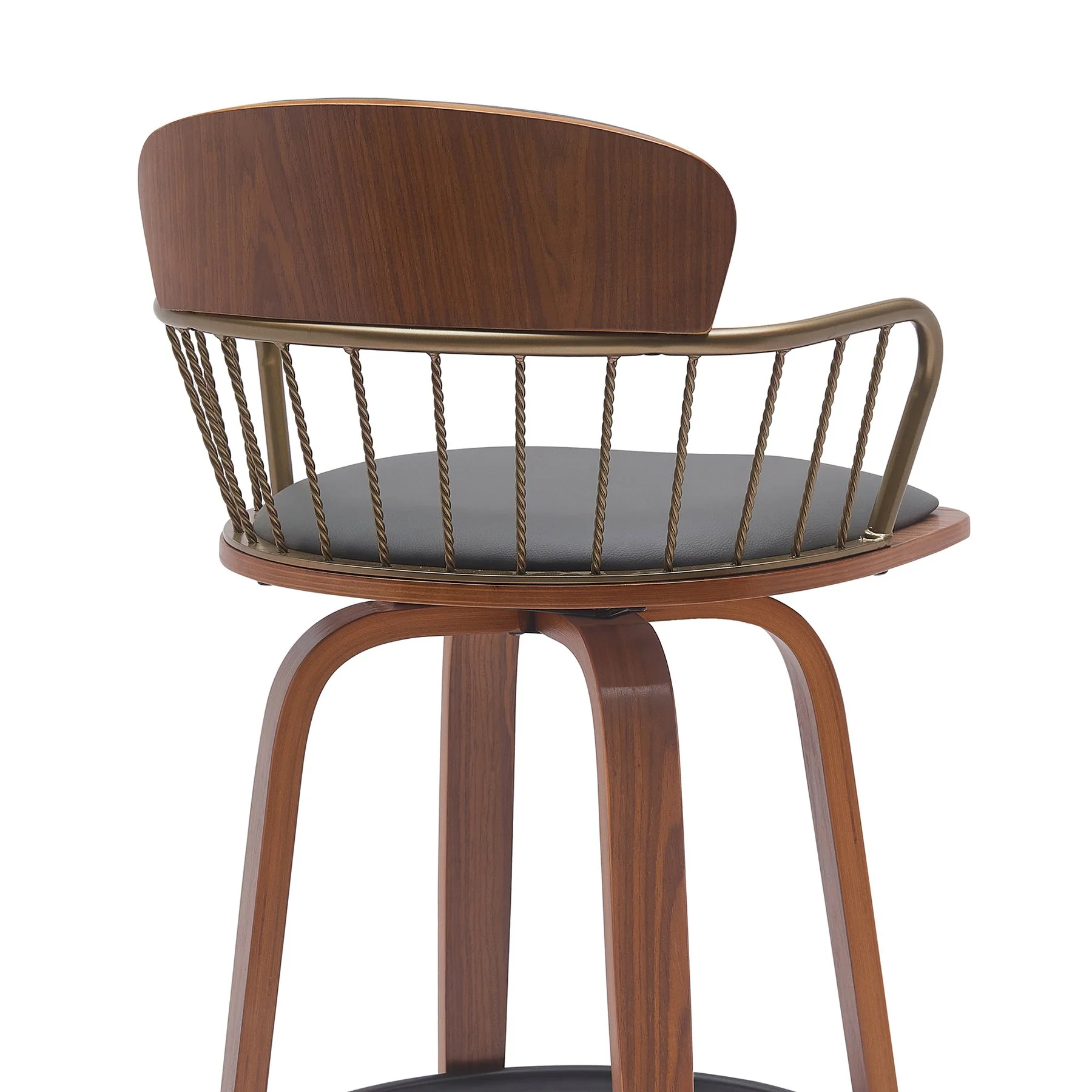 Willow 30" Swivel Walnut Wood Bar Stool in Gray Faux Leather with Golden Bronze Metal - Image 5