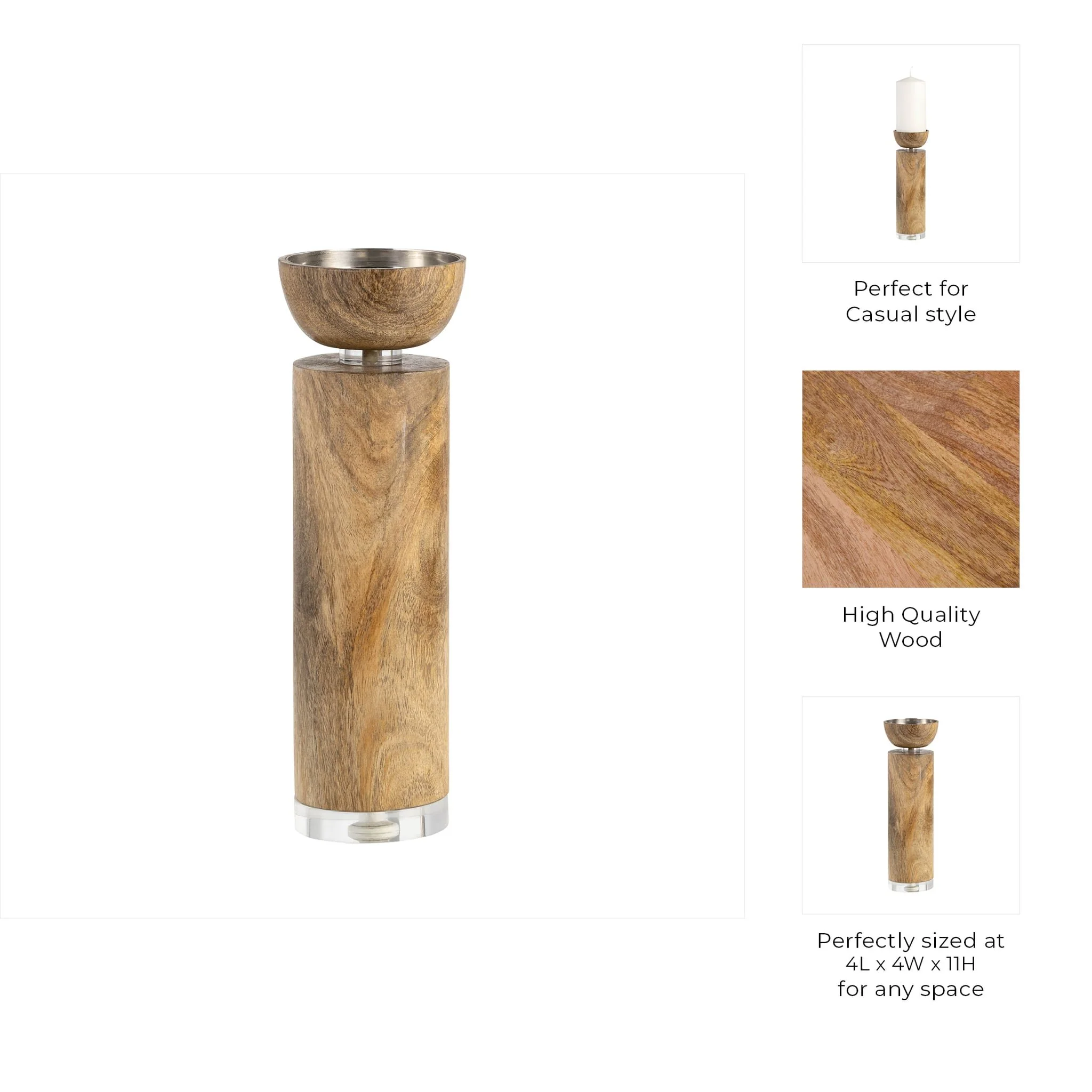 Wood, 11" Acrylic Detail Taper Candleholder, Natur - Image 9