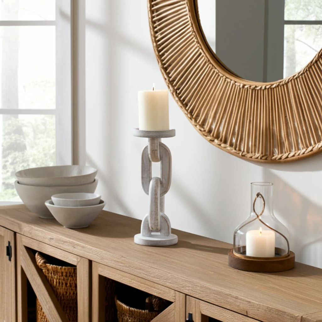 Wood, 11" Chain Pillar Candle Holder, White - Image 11