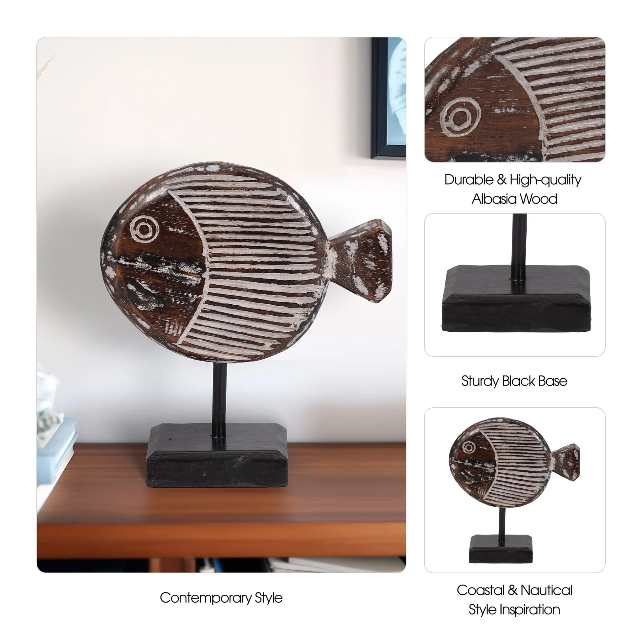 Wood, 11"h Fish On Stand, Gray - Image 10