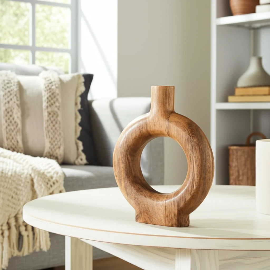Wood, 12"h Donut Shaped Vase, Brown - Image 12