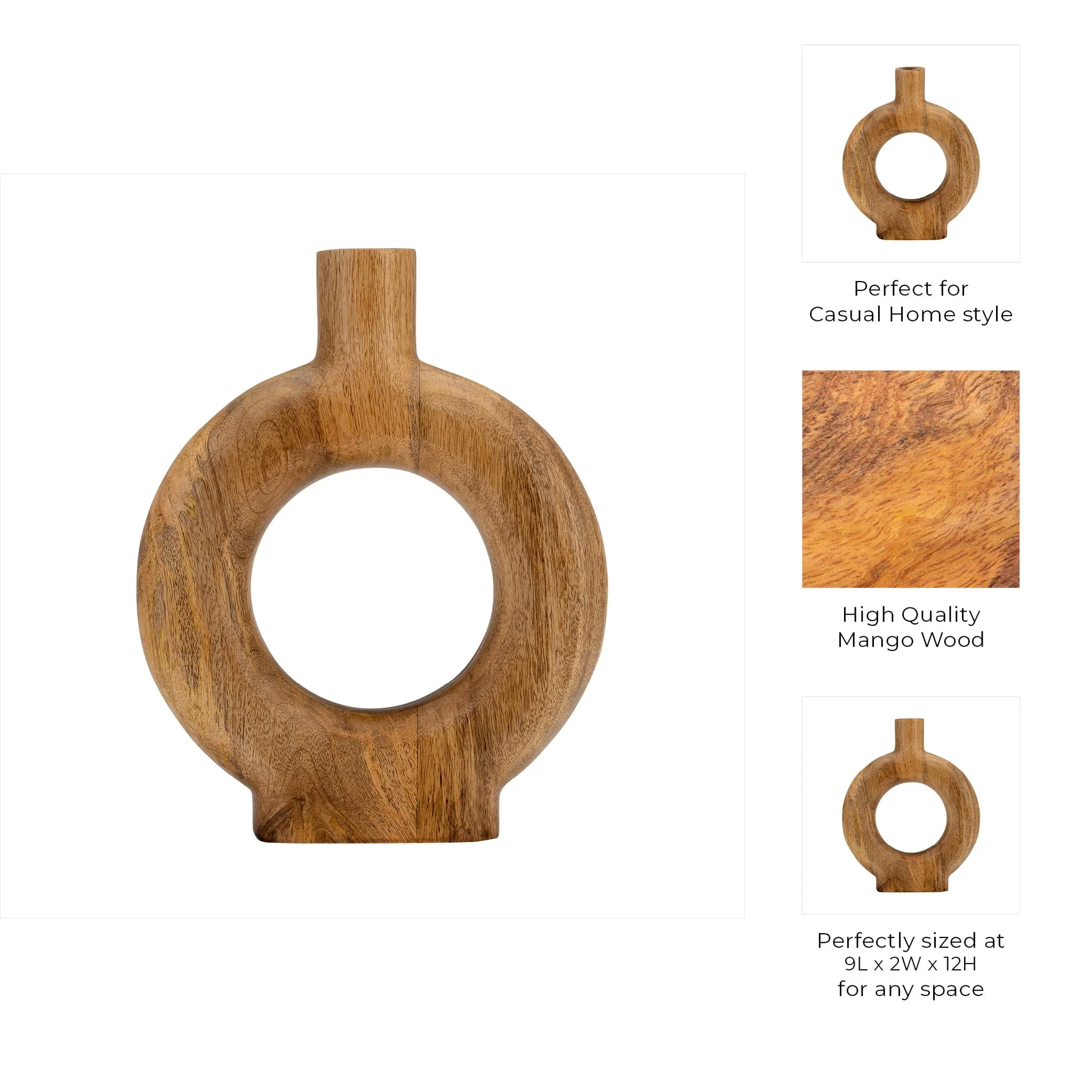 Wood, 12"h Donut Shaped Vase, Brown - Image 9