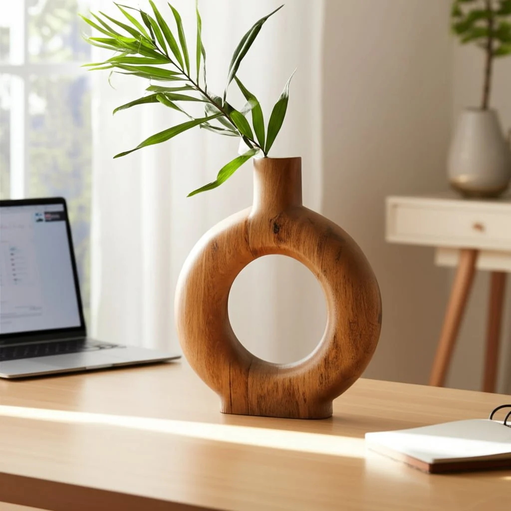 Wood, 14"h Donut Shaped Vase, Brown - Image 11