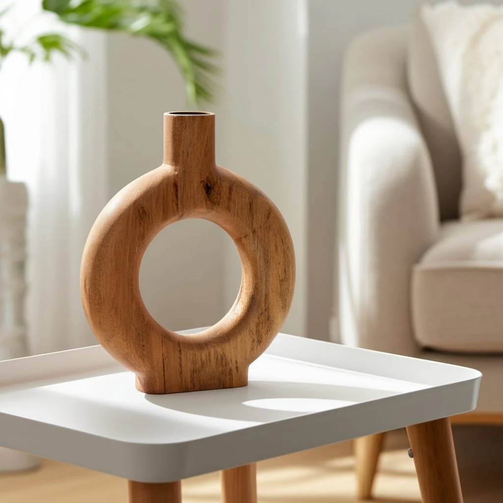 Wood, 14"h Donut Shaped Vase, Brown - Image 12