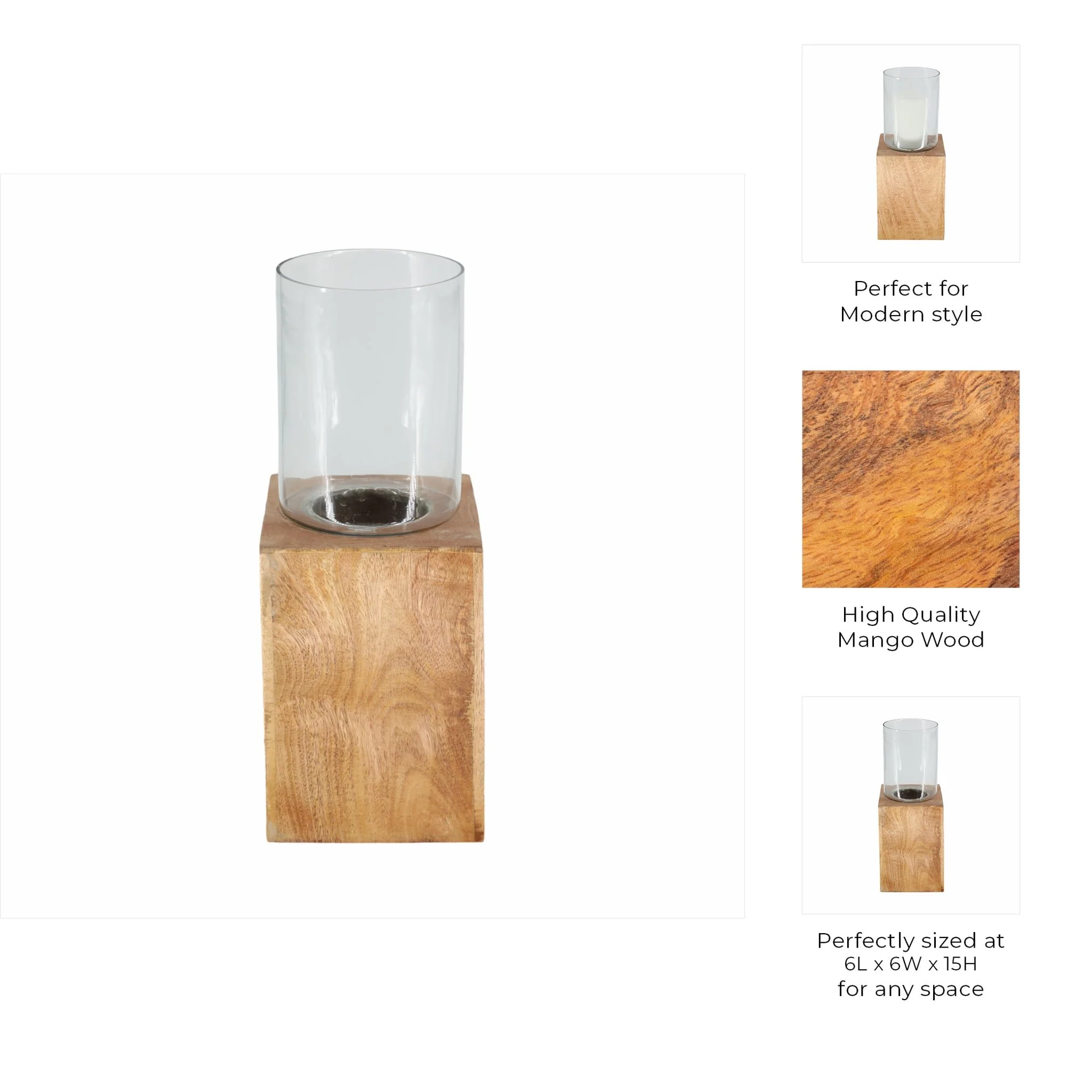 Wood, 15" Square Base Pillar Hurricane, Natural - Image 8