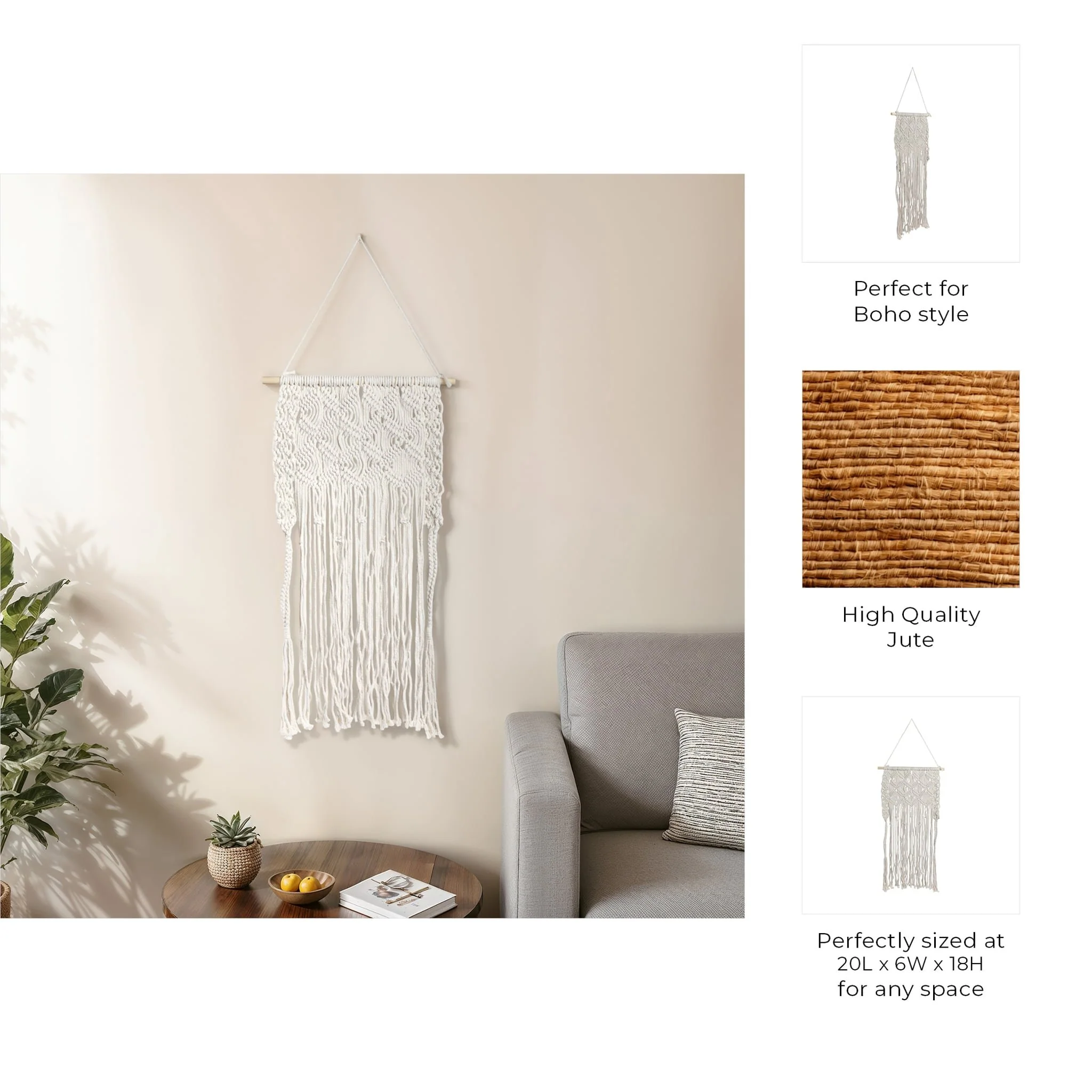 Wood, 18" Macrame Wall Shelf, Ivory - Image 8