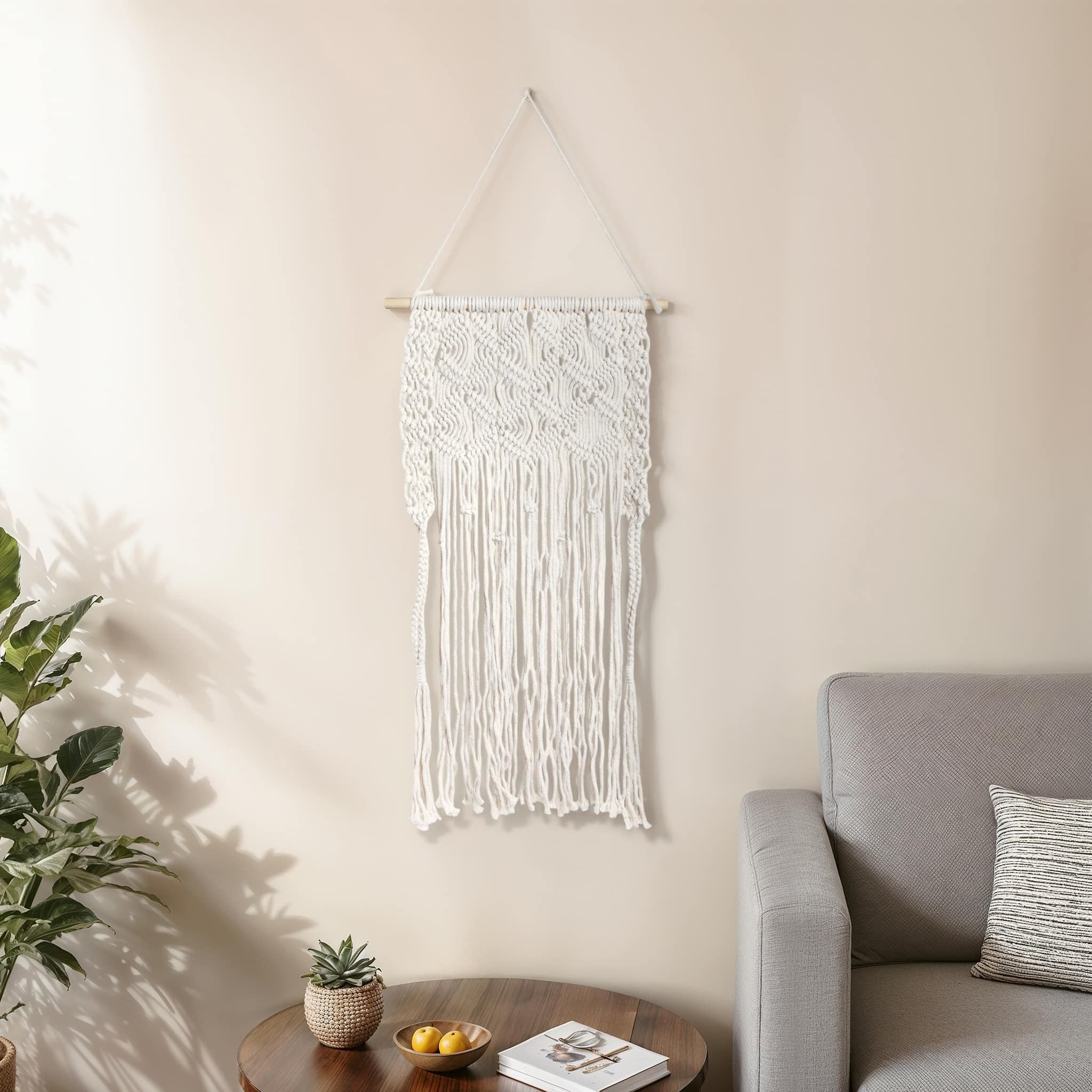 Wood, 18" Macrame Wall Shelf, Ivory - Image 9