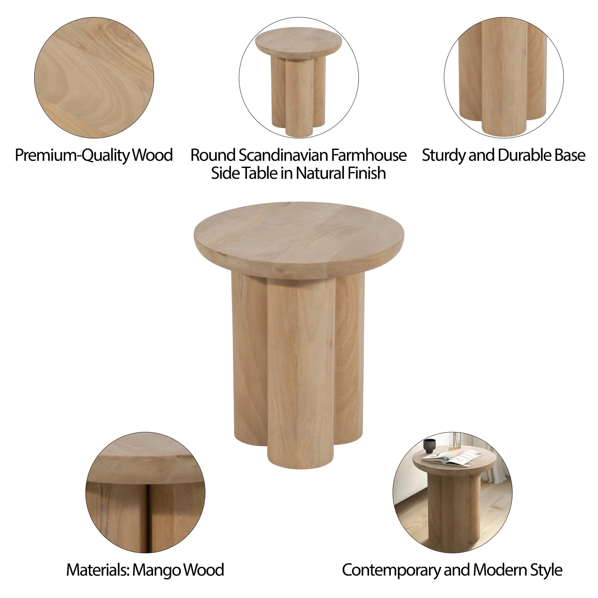 Wood, 18" Scandinavian Farmhouse Side Table, Nat - Image 7