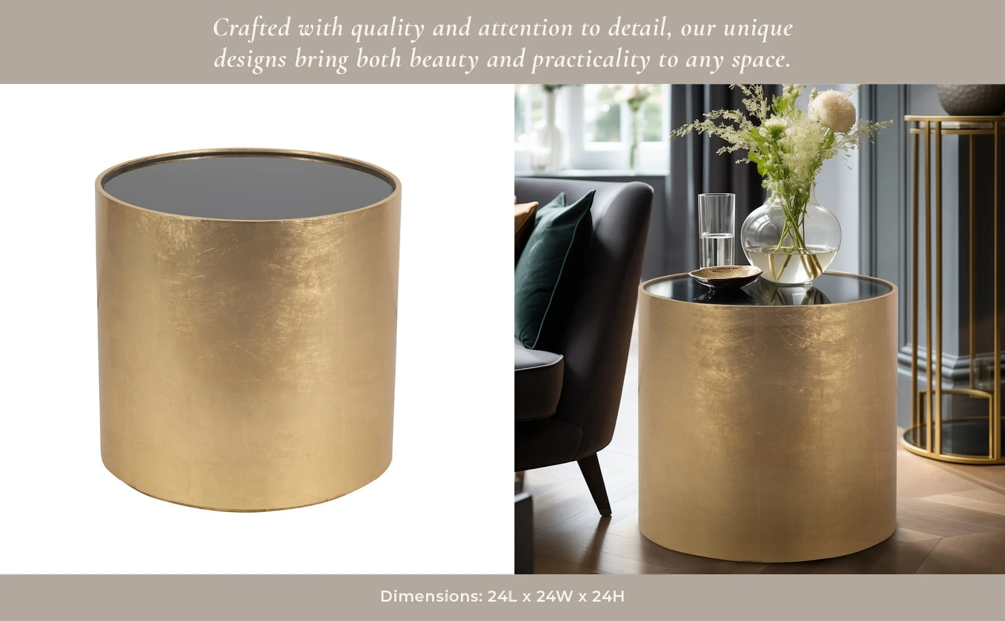 Wood, 24" Gold, Black Glass Side Table - Image 10