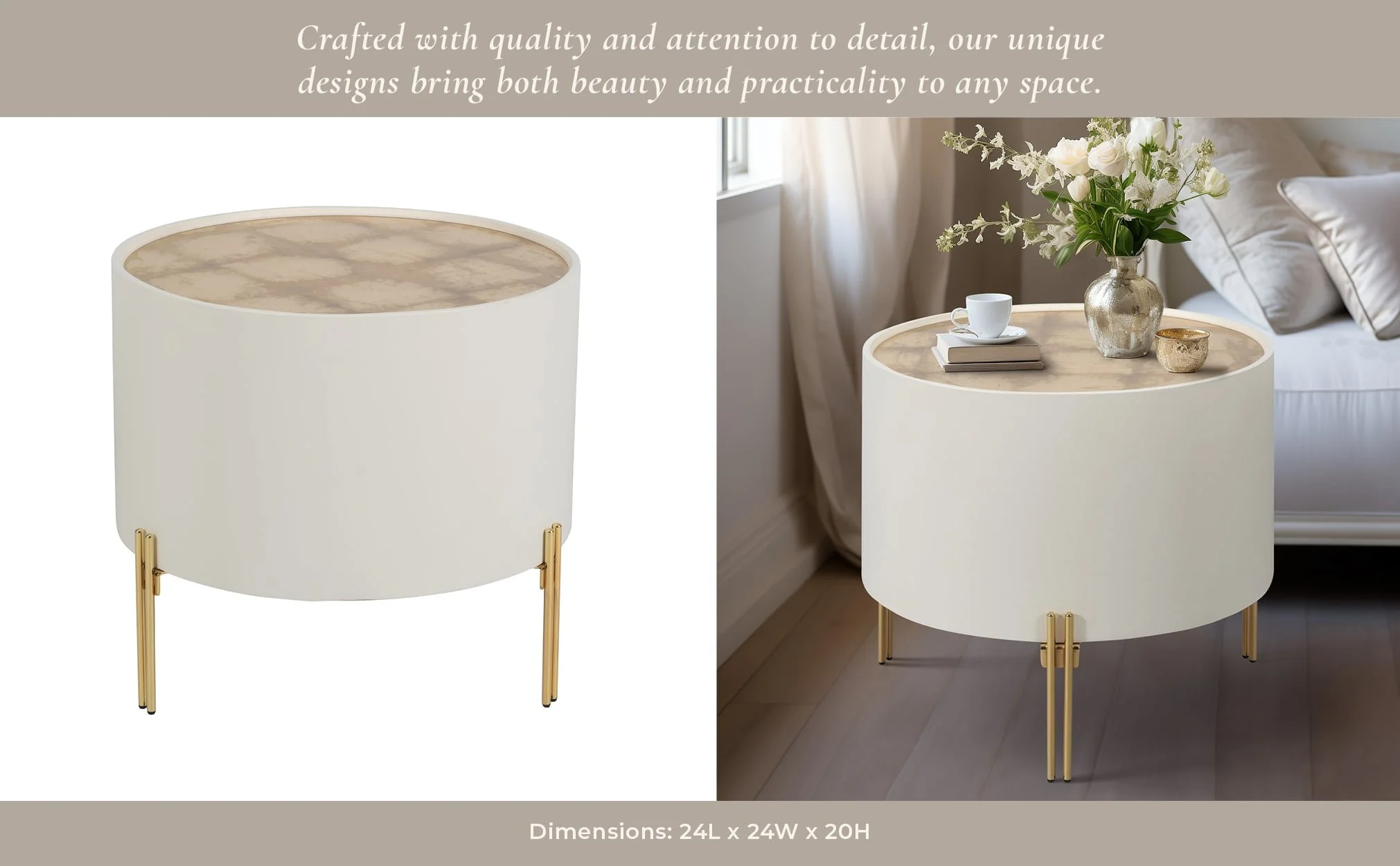 Wood,24" Gold Leaf Top Side Table, Wht/gld - Image 10