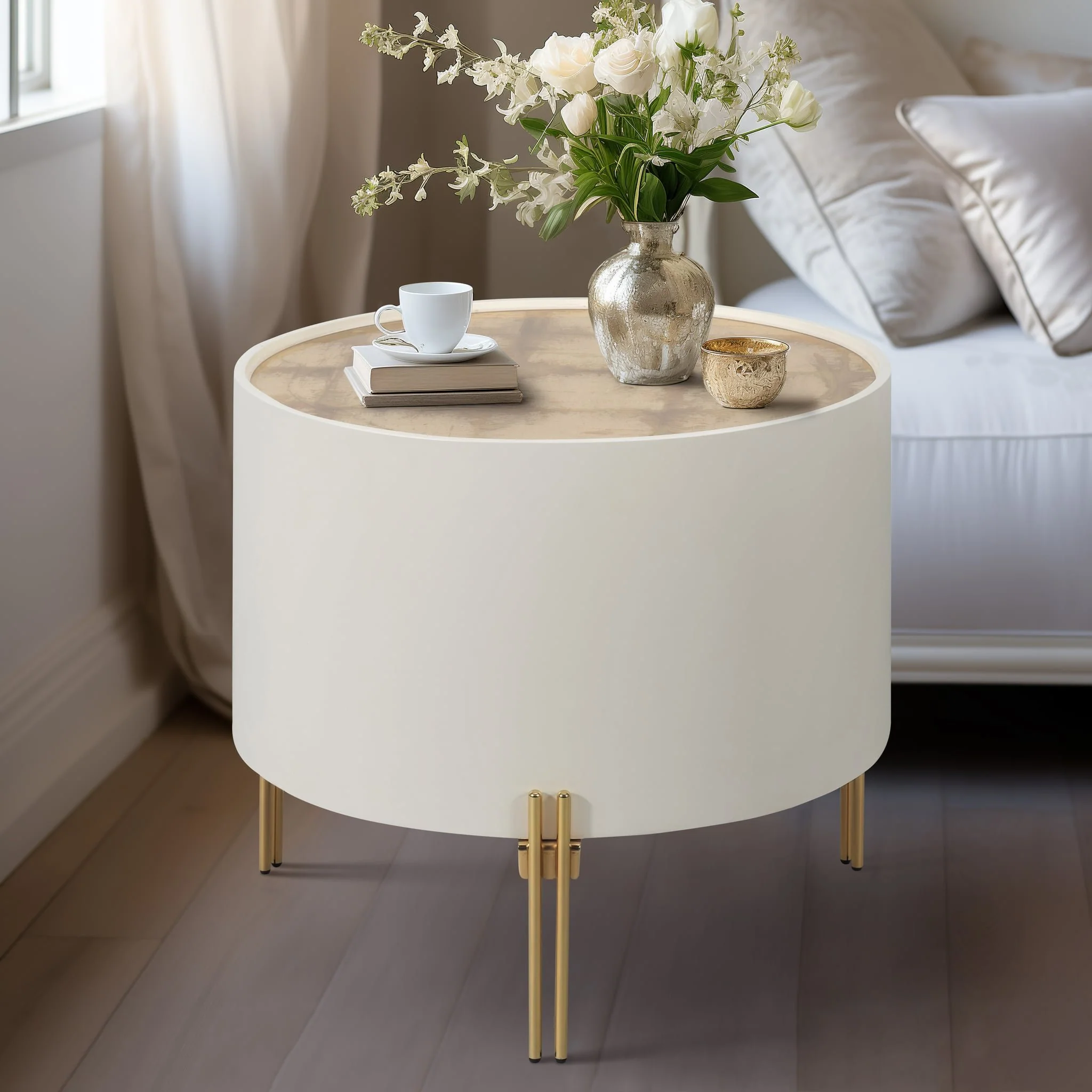 Wood,24" Gold Leaf Top Side Table, Wht/gld - Image 9