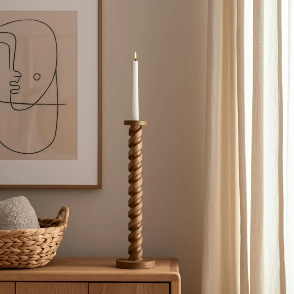 Wood, 30" Spiral Floor Pillar Candleholder, Natura - Image 9