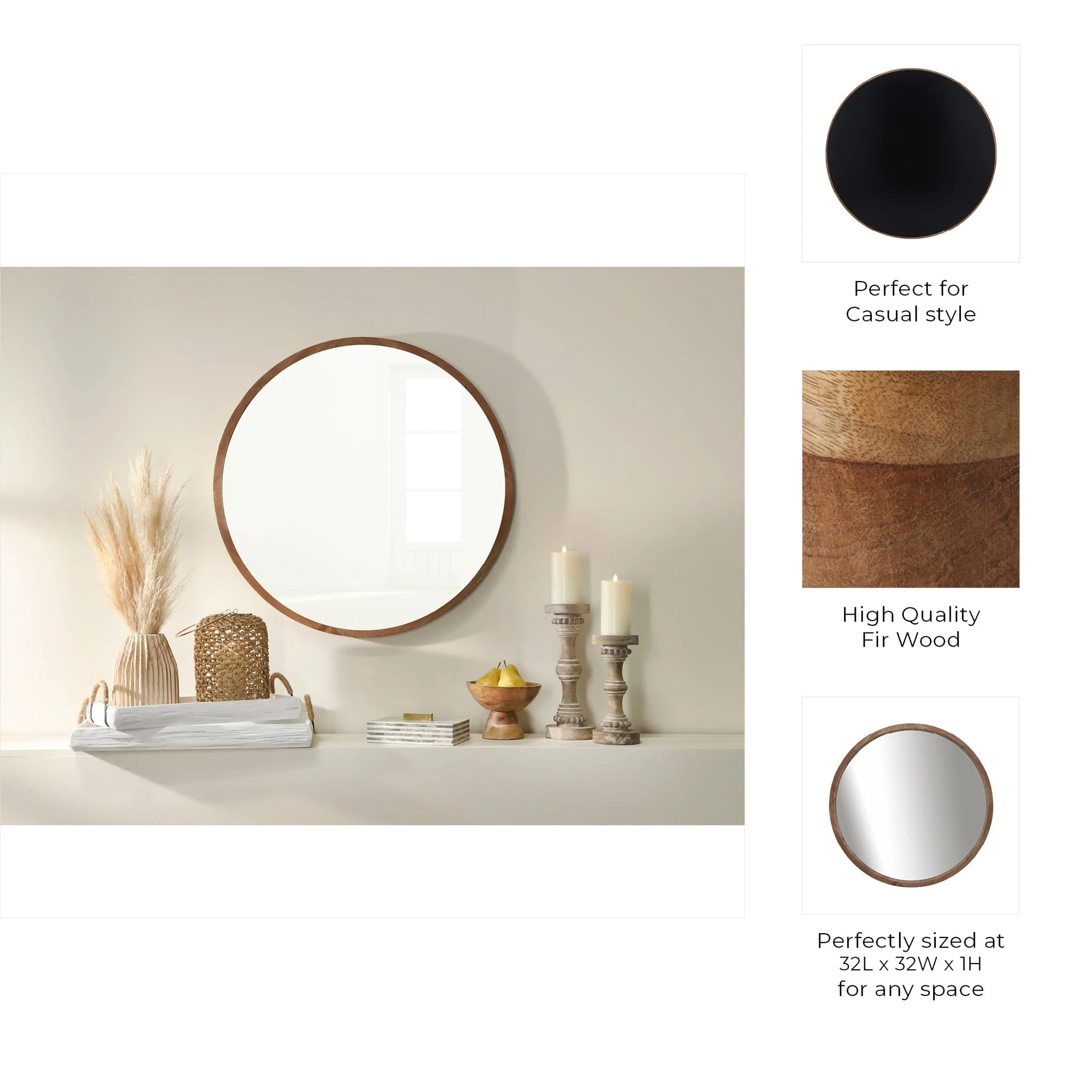 Wood, 32" Round Mirror, Brown Wb - Image 4
