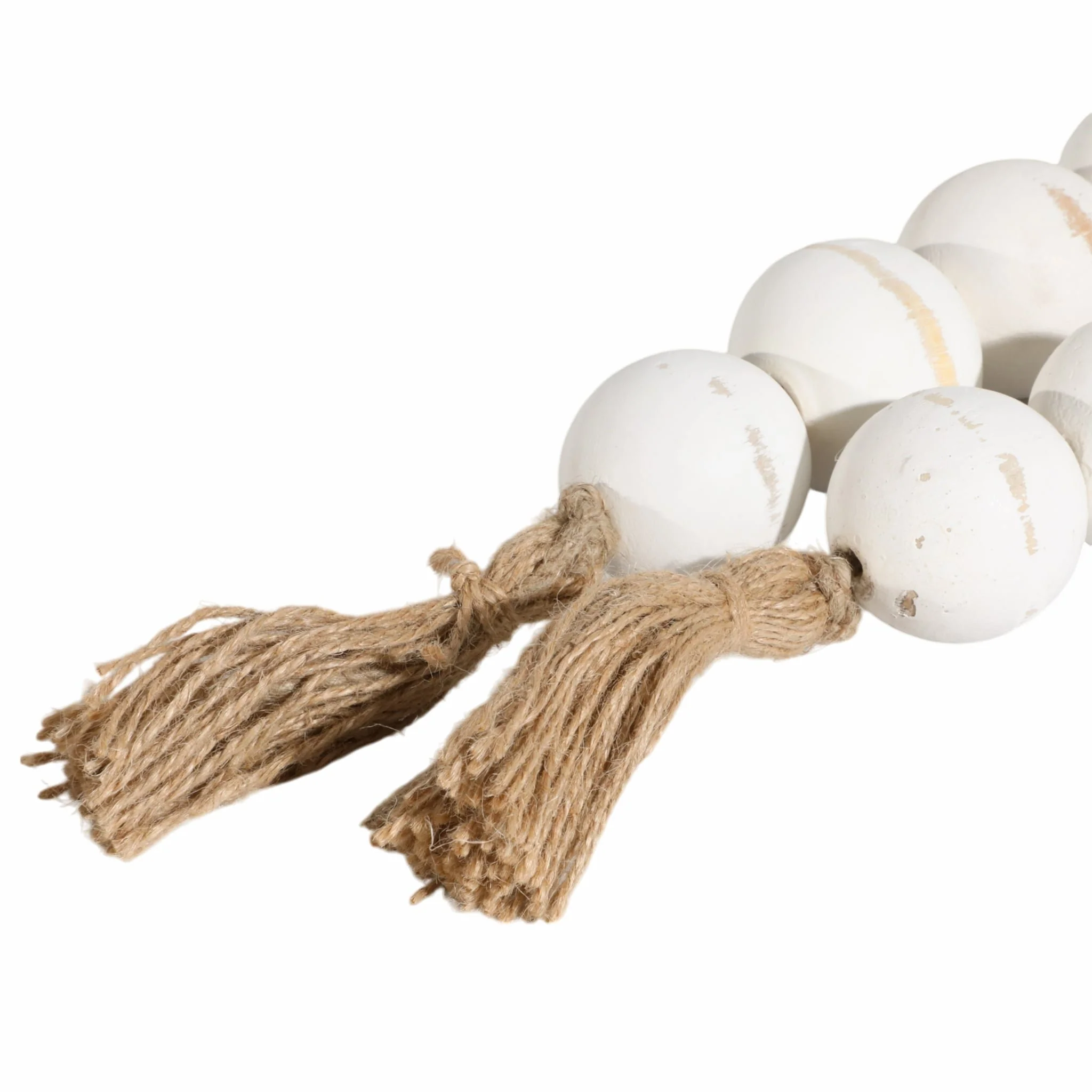 Wood, 32"l, 2"lrg Bead Garland W/ Tassel, Wht Wash - Image 4