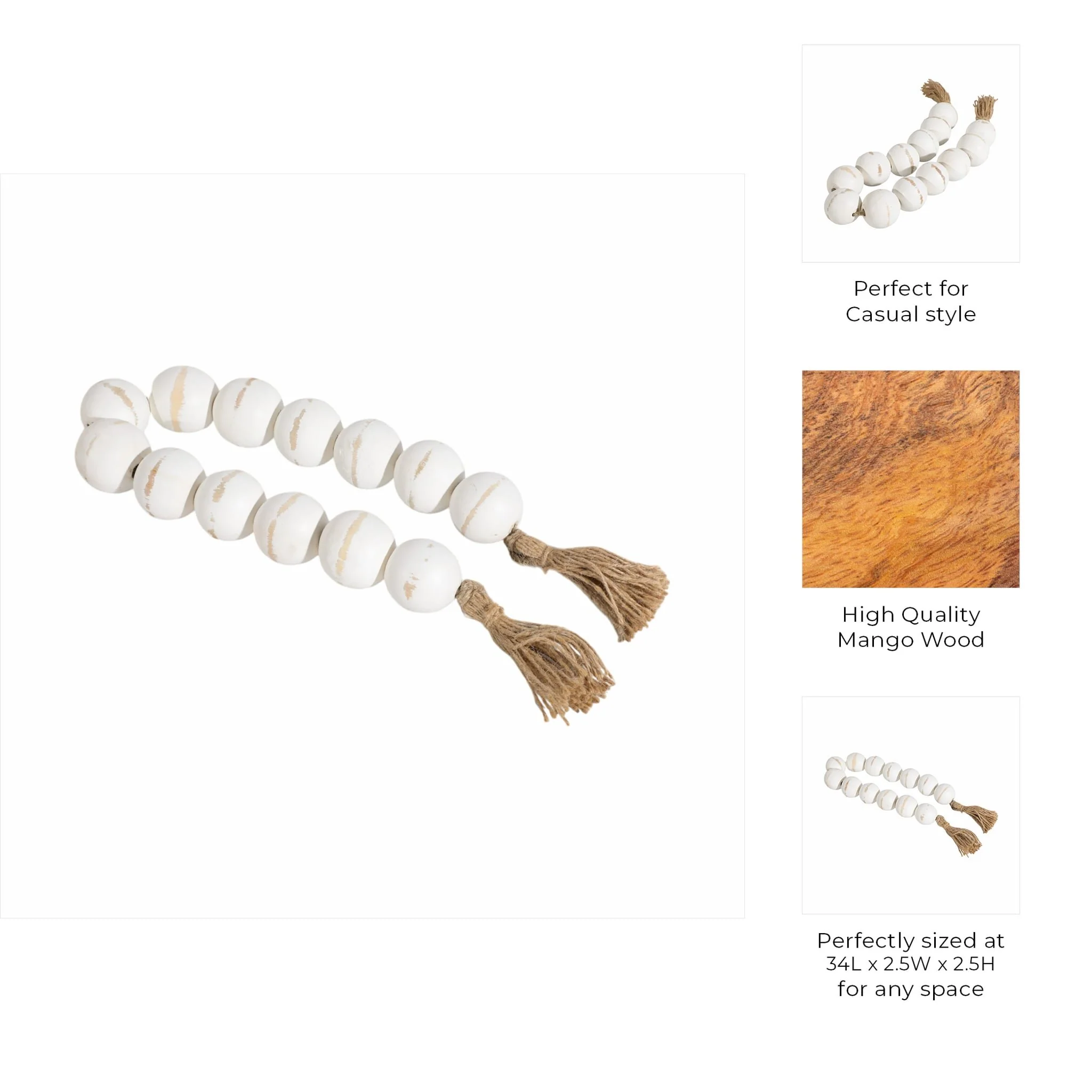 Wood, 32"l, 2"lrg Bead Garland W/ Tassel, Wht Wash - Image 8