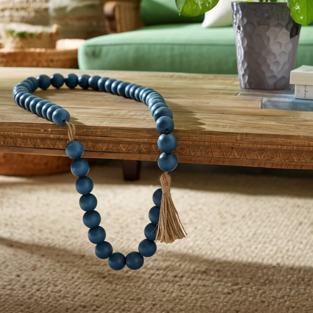 Wood, 32x2 Large Bead Garland W/ Tassel, Teal/blu - Image 13
