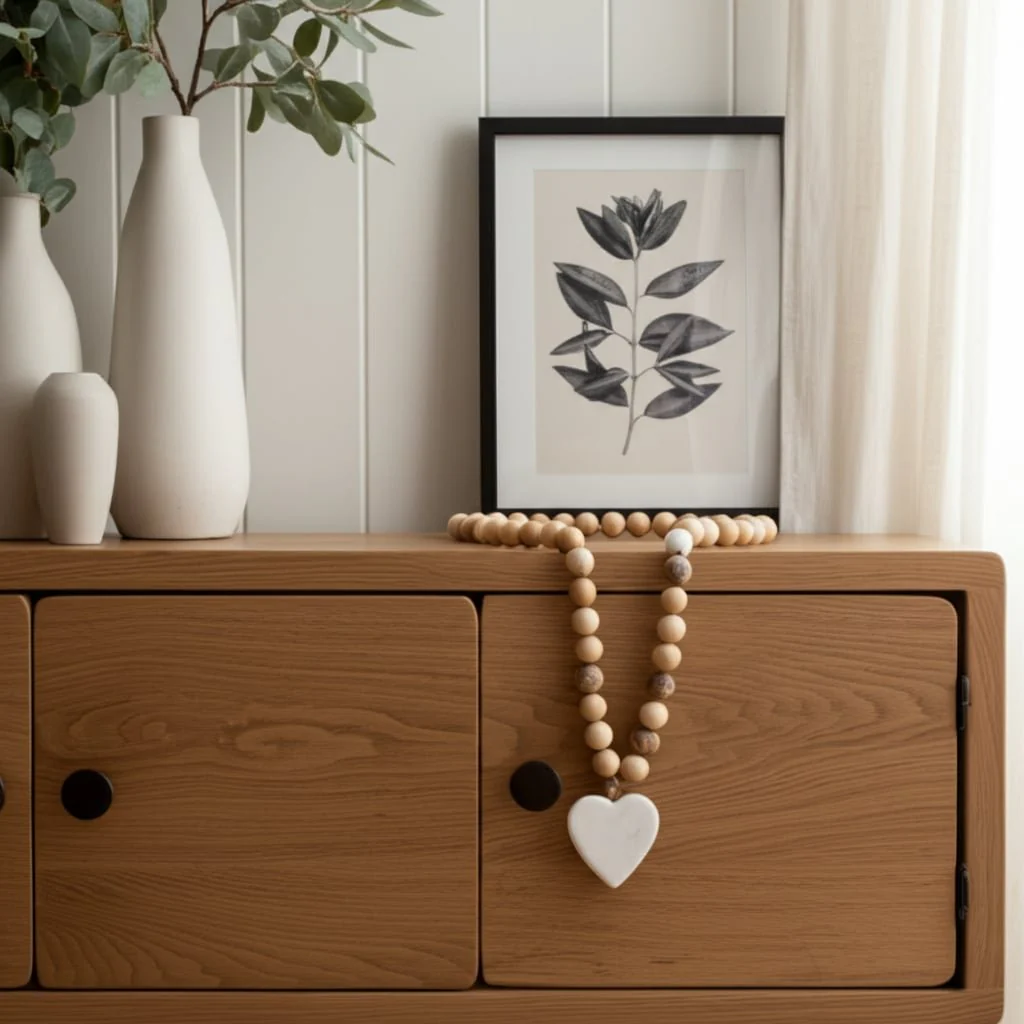 Wood, 36" Large Bead Garland W/ Marble Heart, Natu - Image 10