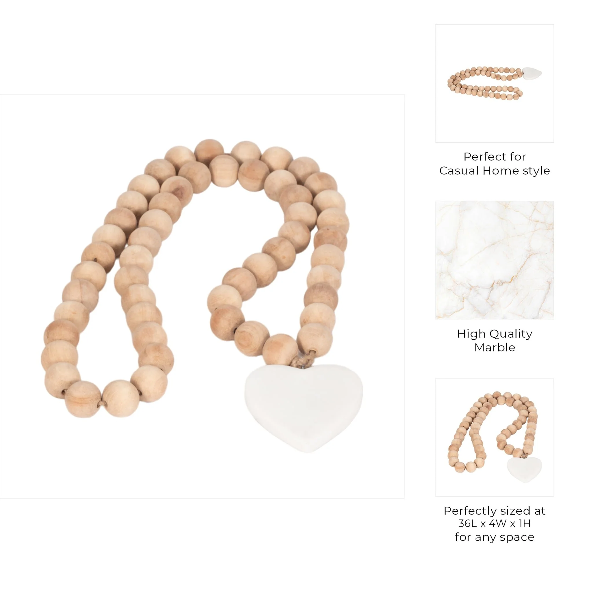 Wood, 36" Large Bead Garland W/ Marble Heart, Natu - Image 8