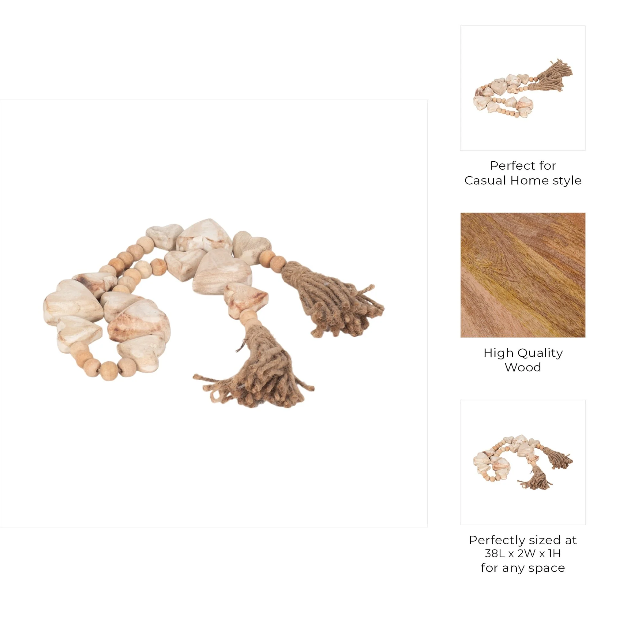 Wood, 38" Heart Beaded Garland, White - Image 8