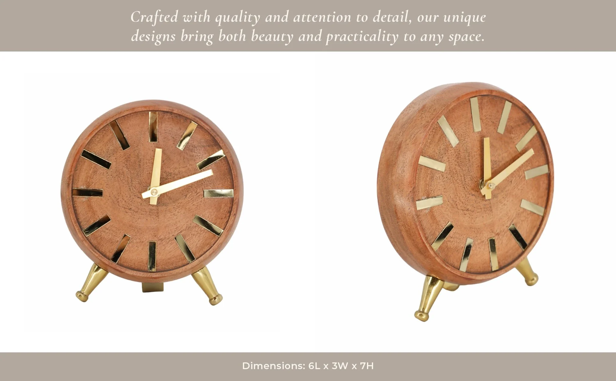 Wood 7'' Gold Table Clock, Brown - Image 10