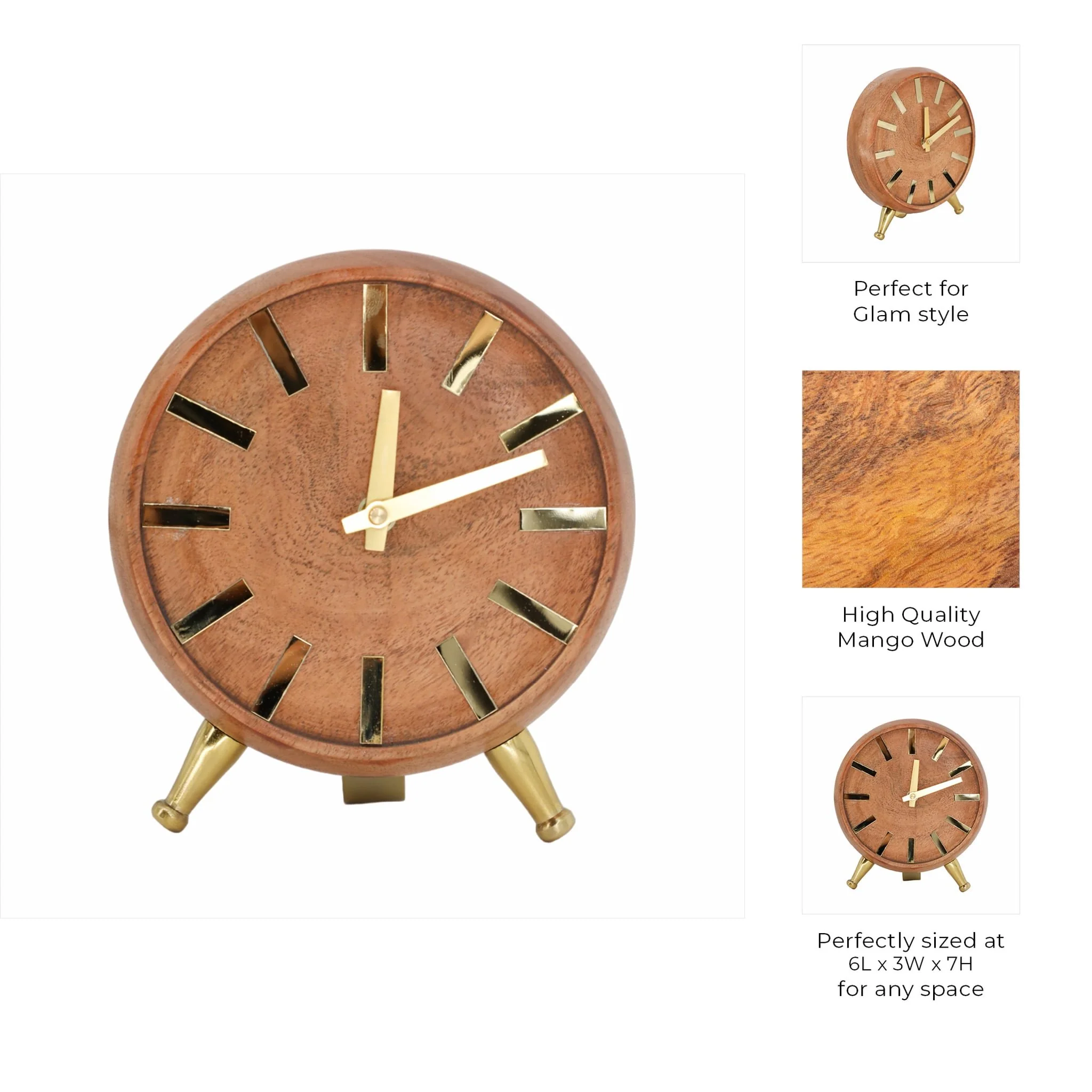 Wood 7'' Gold Table Clock, Brown - Image 9
