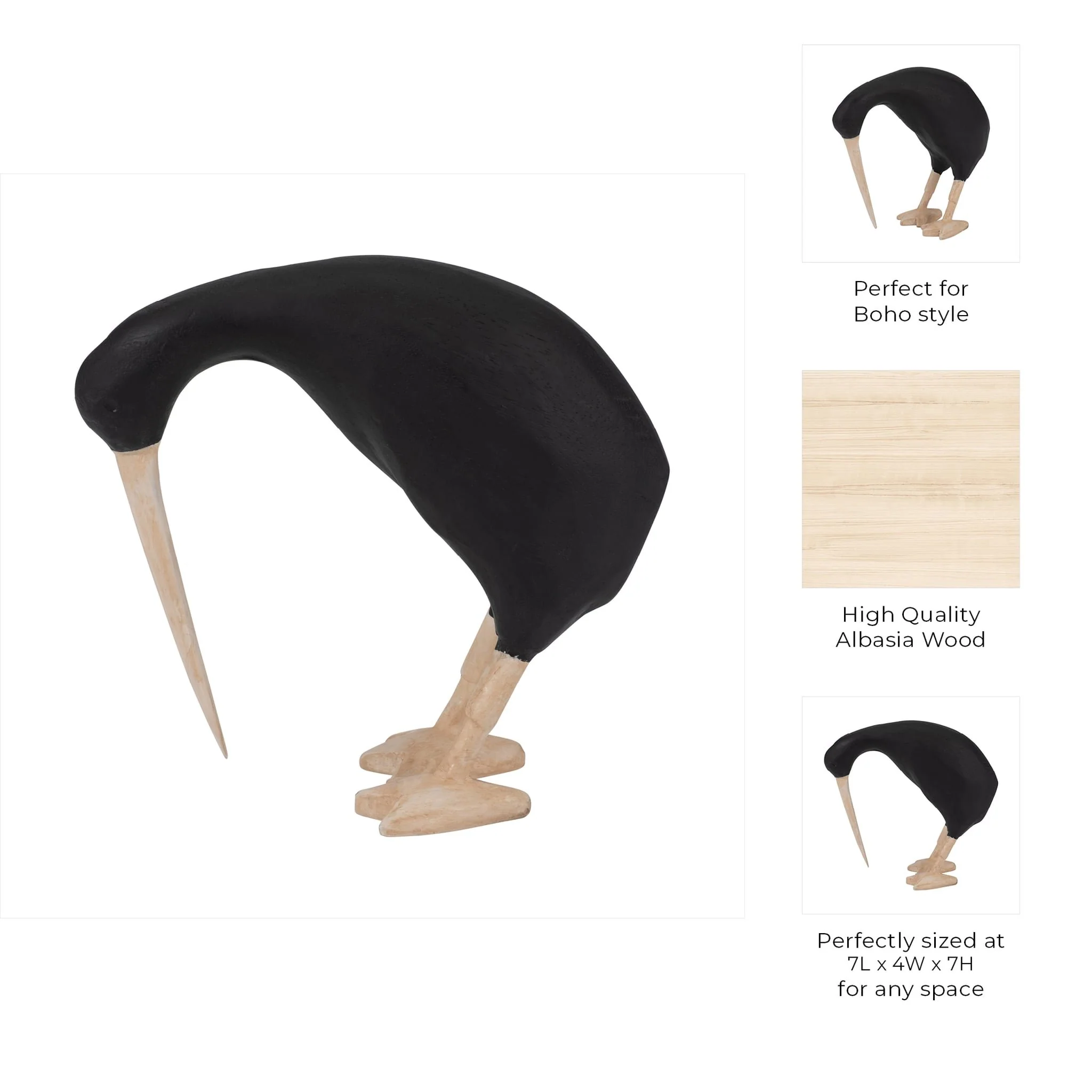 Wood, 7" Kiwi Bird W/ Natural Legs, Black - Image 10