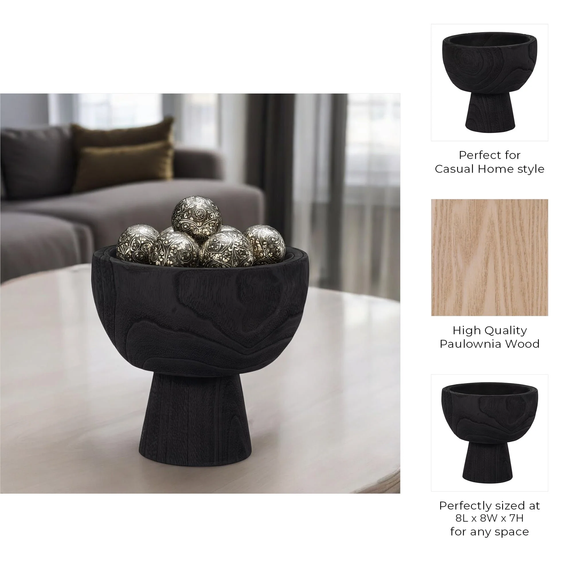 Wood, 8" Bowl W/ Stand, Black - Image 8