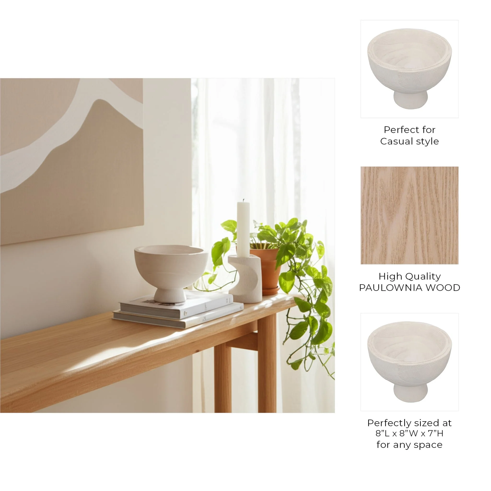 Wood, 8" Bowl W/ Stand, White - Image 3