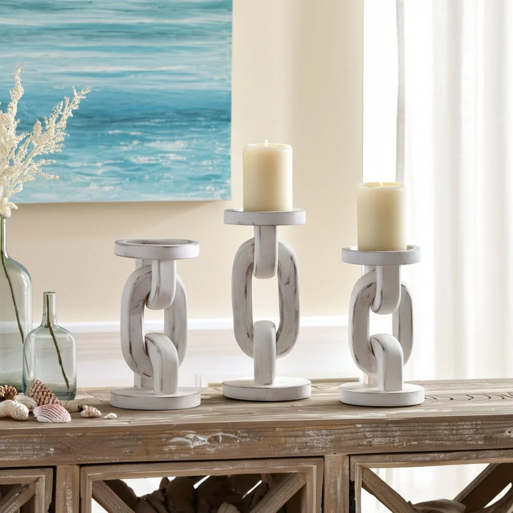 Wood, 8" Chain Pillar Candle Holder, White - Image 11