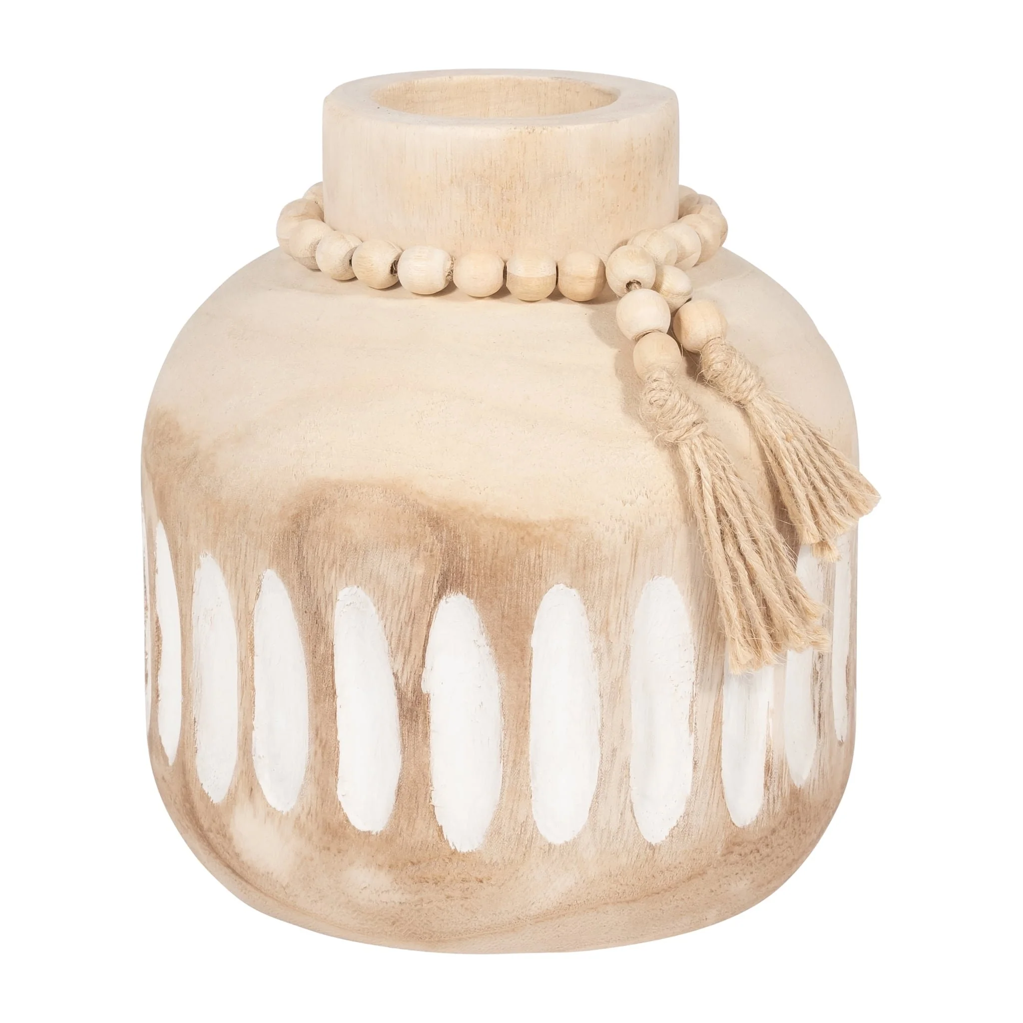 Wood, 8" Round Ridged Vase W/ Tassels, Natural - Image 2