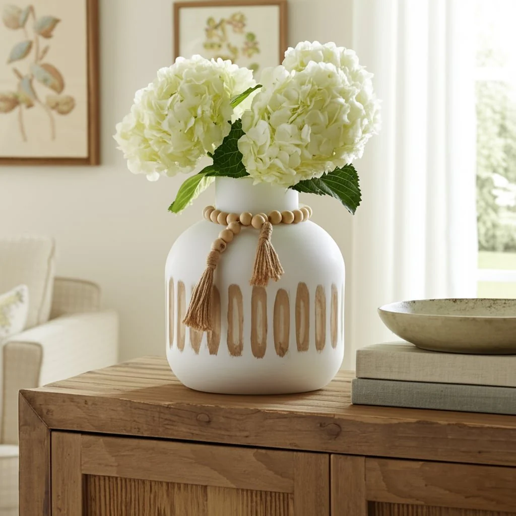 Wood, 8" Round Ridged Vase W/ Tassels, White - Image 10